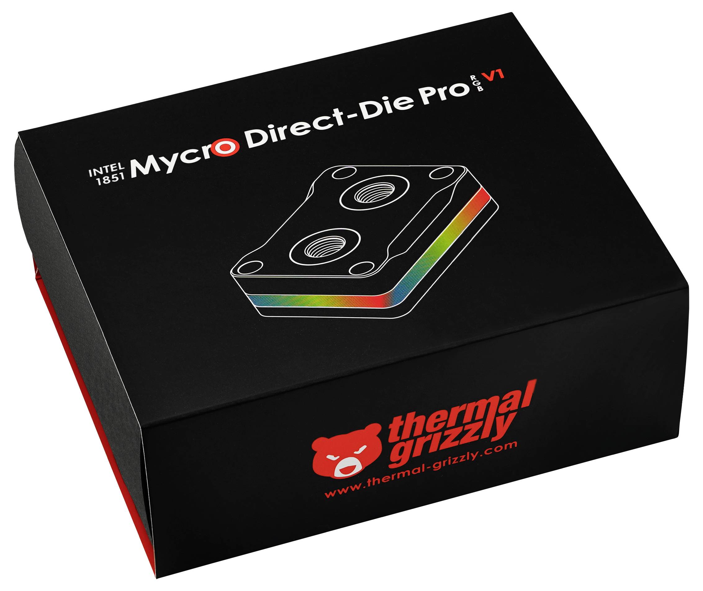 Černý box s nápisem 'Mycro Direct-Die Pro V1' pro procesory Intel 12. a 13. generace, s barevným grafickým designem a logem Thermal Grizzly.