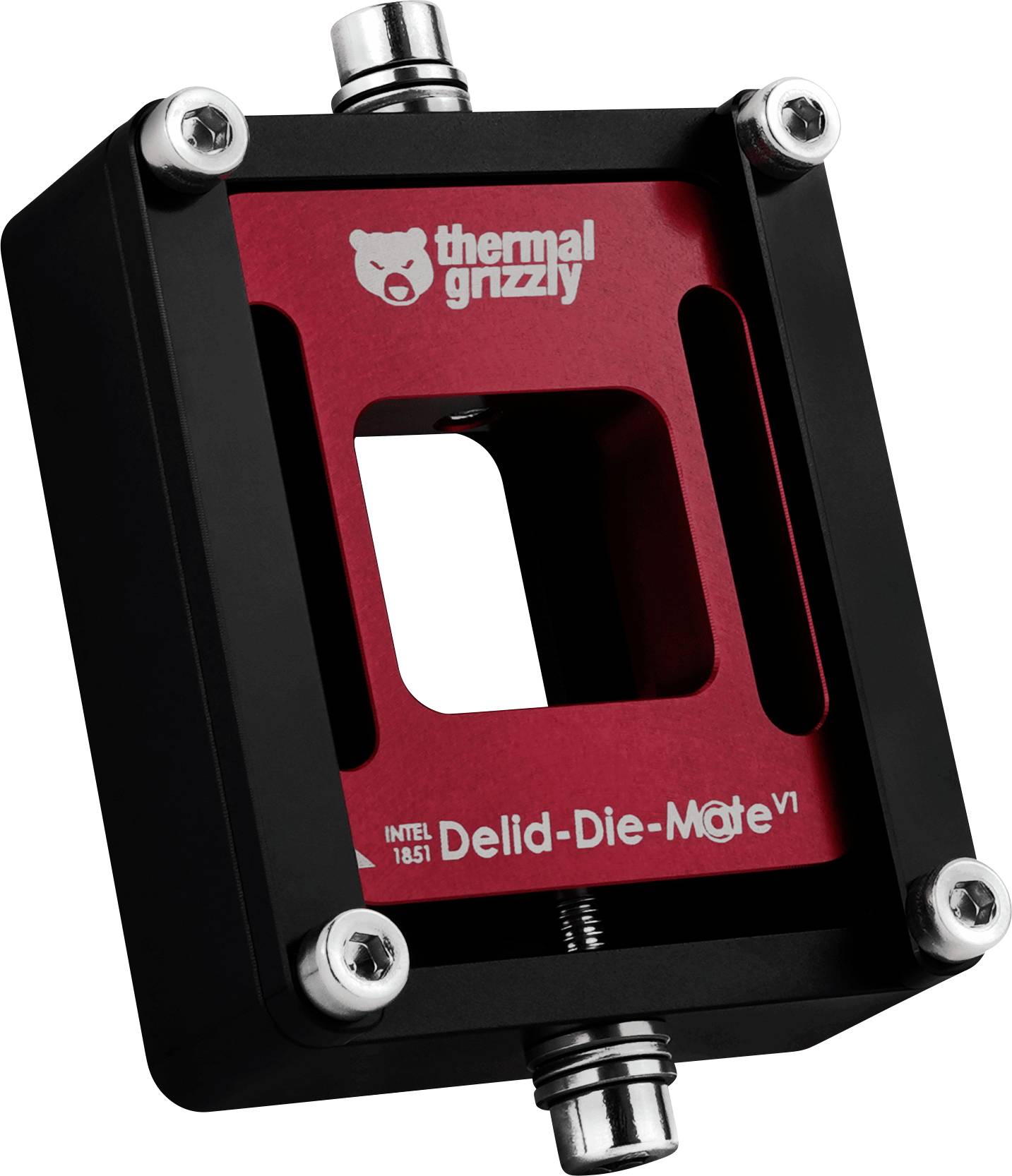 Obrázek zobrazuje 'Thermal Grizzly Delid-Die-Mate V1', nástroj používaný k bezpečnému odstranění integrovaného tepelného rozptylovače z procesorů Intel.