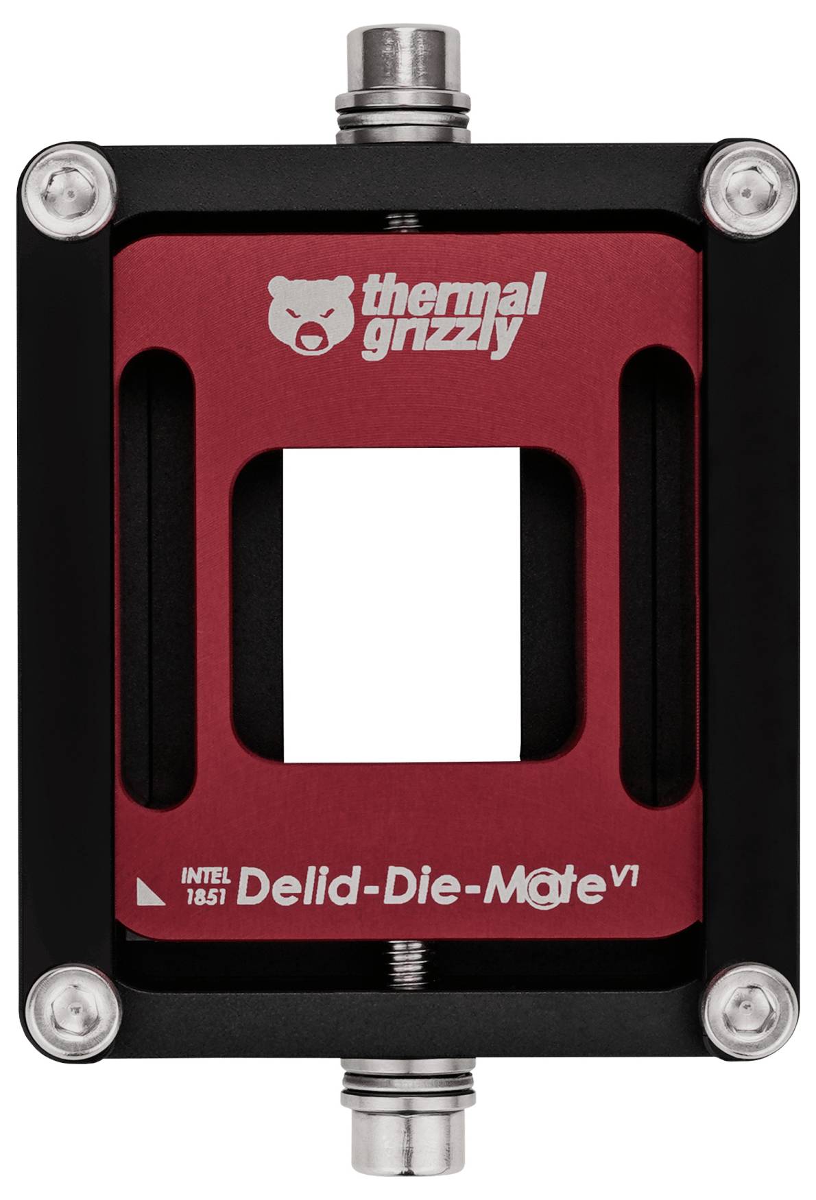 Červený a černý nástroj Thermal Grizzly Delid-Die-Mate V1 určený pro odstraňování krytu procesorů Intel, zobrazující firemní logo a název.