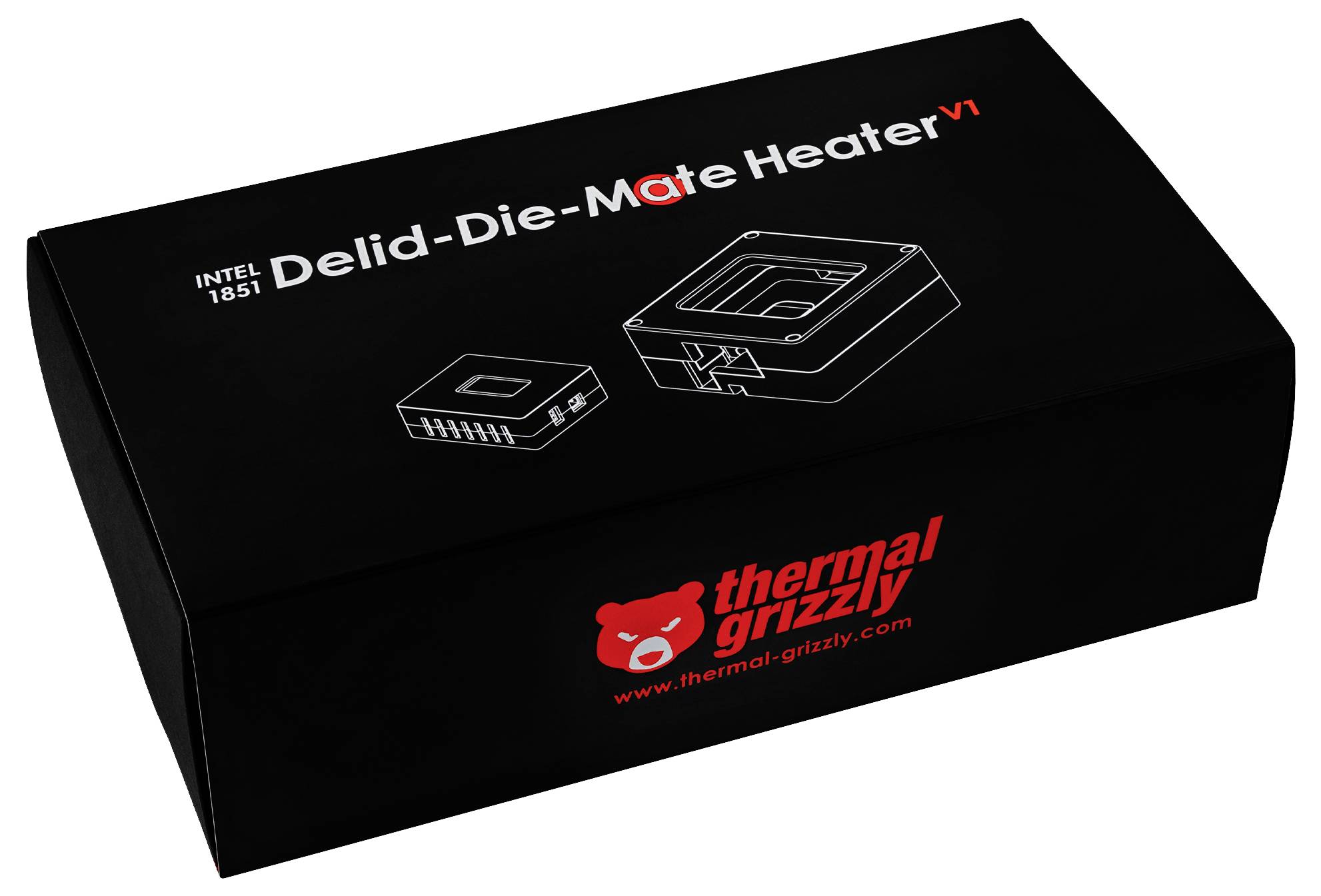 "Delid-Die-Mate Heater V1" box, zobrazující obrázky odlicovacího nástroje pro procesory Intel 1851 od společnosti Thermal Grizzly.