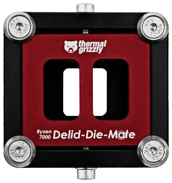 'Thermal Grizzly Delid-Die-Mate pro Ryzen 7000' zobrazený v kovu a plastu, používaný pro odpájení procesorů.