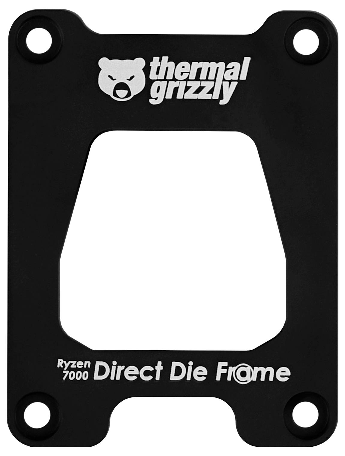 Černý pravoúhlý kovový rám s oblými rohy, s textem 'thermal grizzly' a 'Ryzen 7000 Direct Die Frame', používaný pro chlazení počítače.