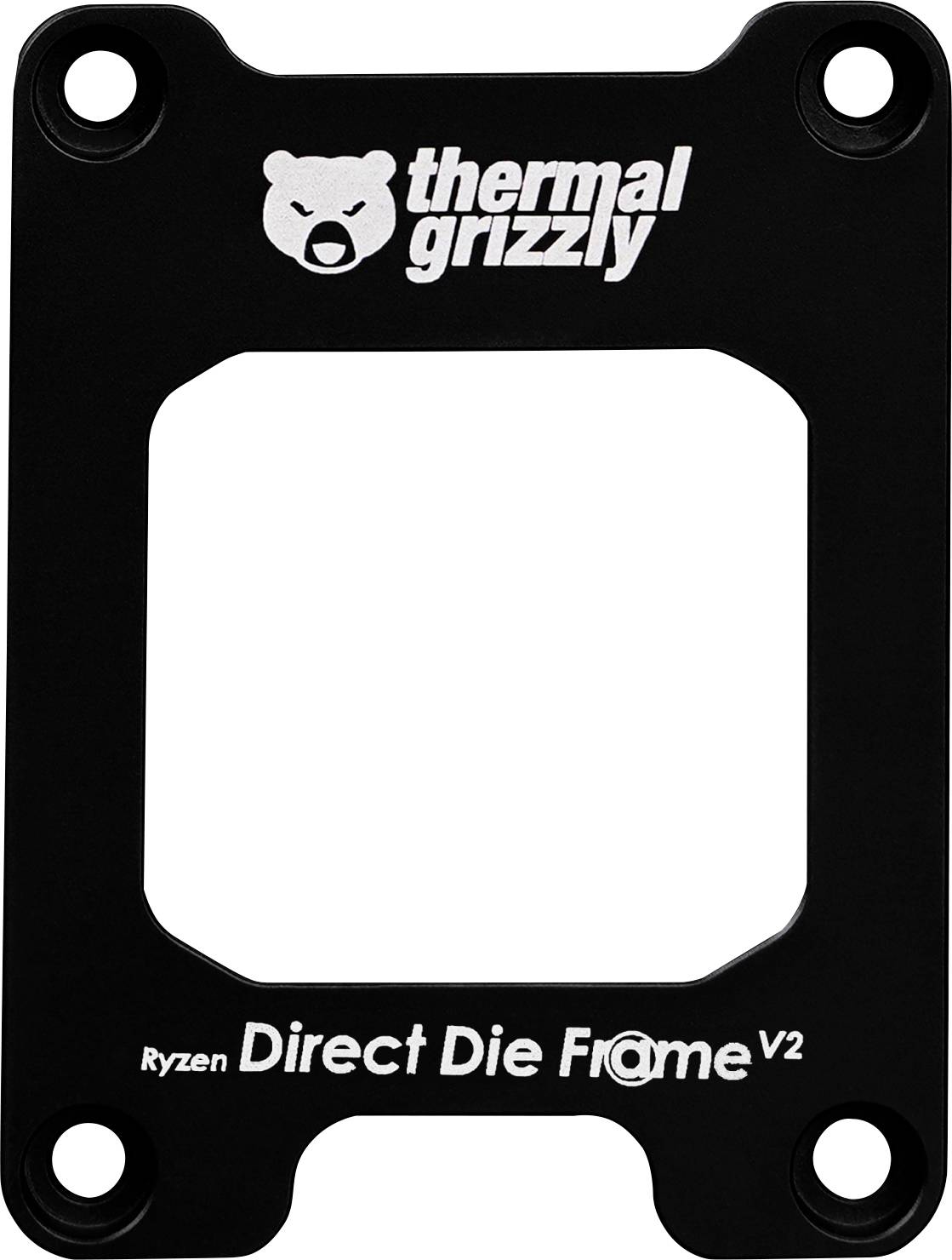 Logo 'thermal grizzly', černý rám s nápisem 'Ryzen Direct Die Frame V2'. Obdélníkový tvar se zaoblenými rohy a výřezem uprostřed.
