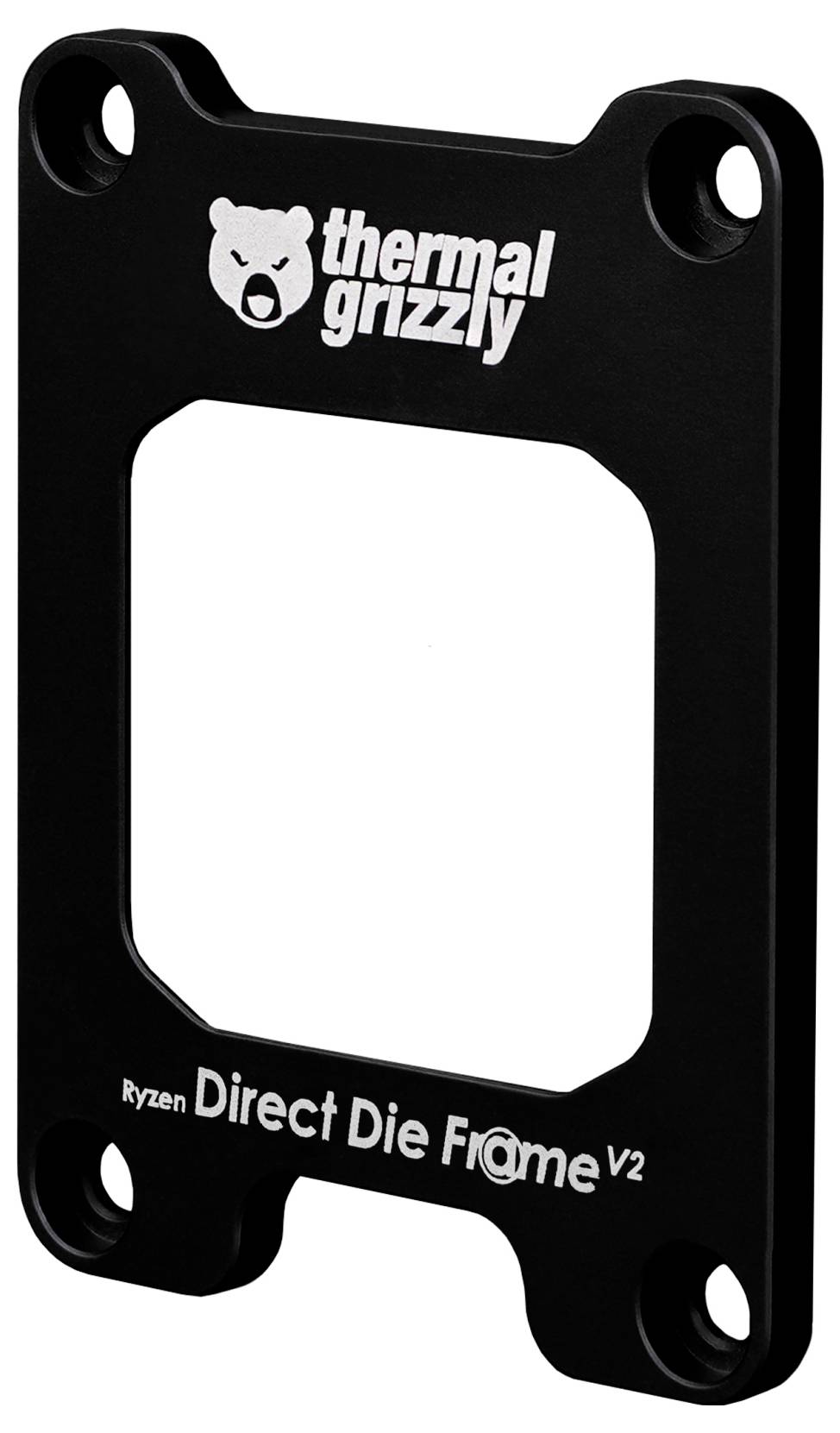 Černý tepelný rám s brandingem 'Thermal Grizzly', navržený pro procesory Ryzen, označený jako 'Direct Die Frame V2' s centrálním otvorem.