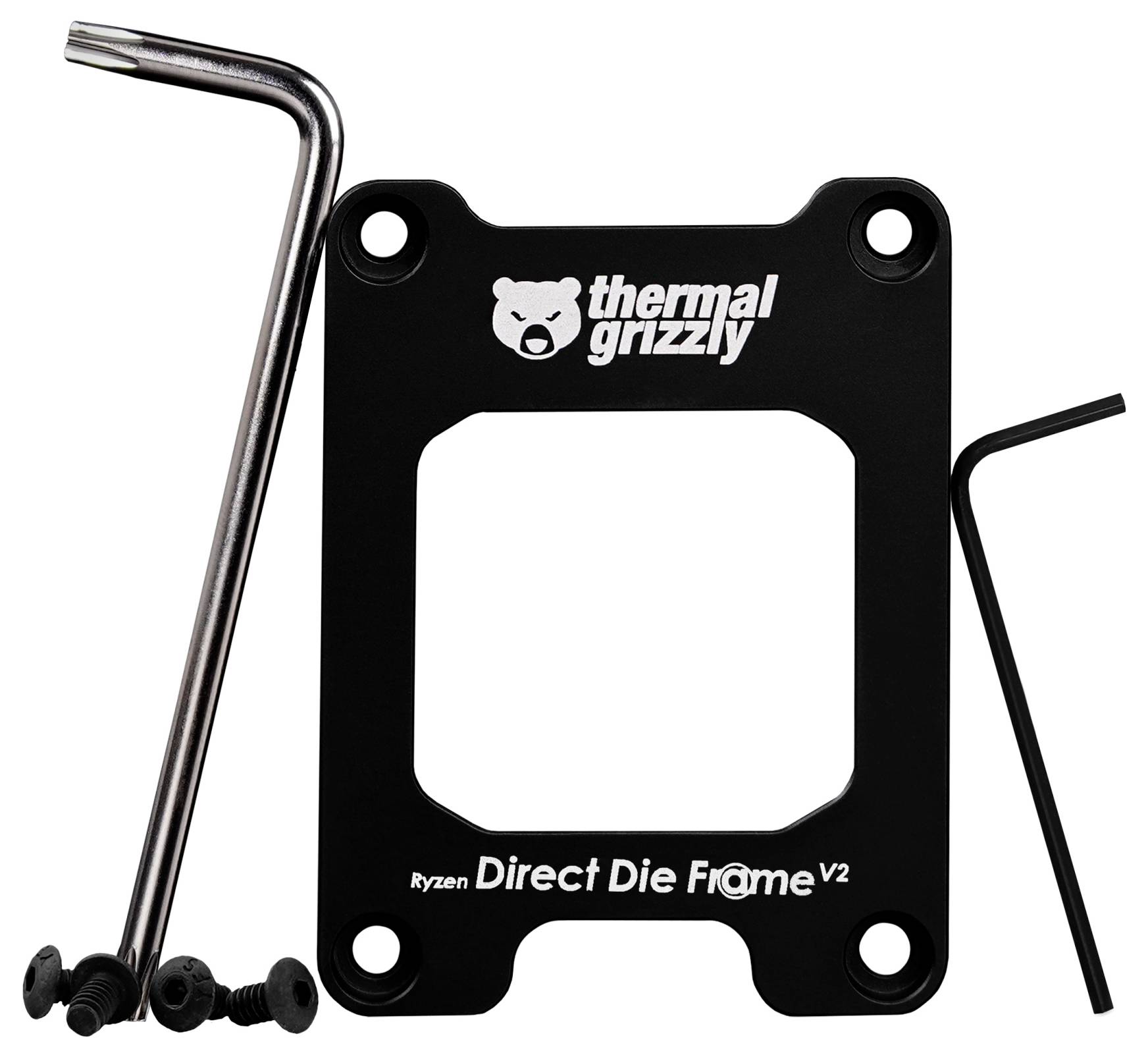 Obrázek zobrazuje černý rám Thermal Grizzly Ryzen Direct Die Frame V2 s L-shaped imbusovým klíčem a šrouby určenými pro instalaci procesoru počítače.