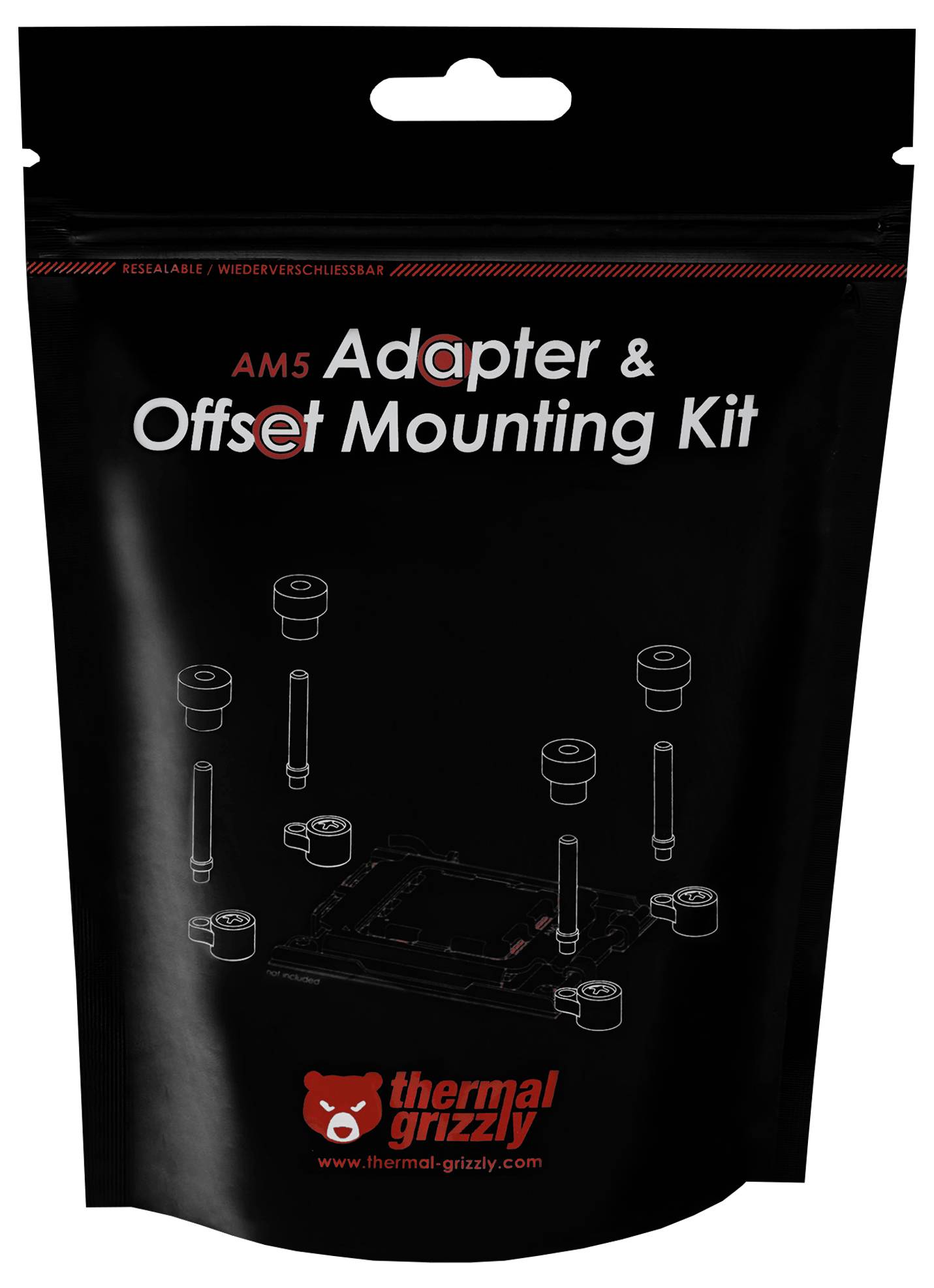 "Adaptér AM5 & Montážní Kit se Vzájemným Posunem" od Thermal Grizzly, zobrazující montážní diagram a díly pro instalaci procesoru