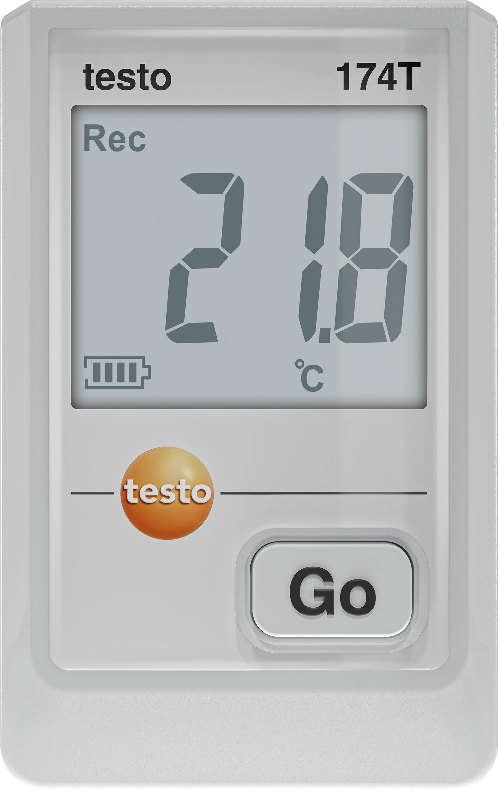 Digitální teploměr zobrazující 'Rec 21,8 °C'. Ikona baterie a značka 'testo' viditelné, s tlačítkem 'Go' níže.