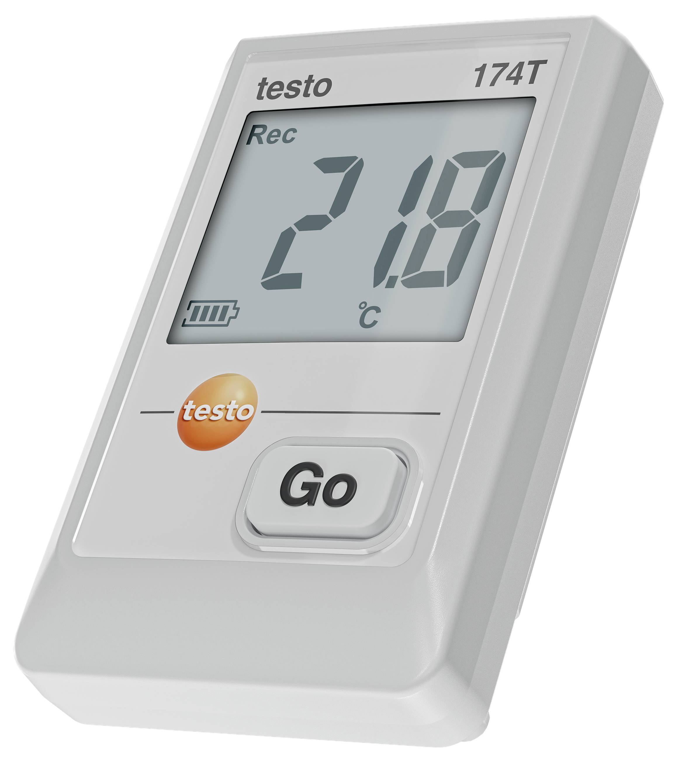 Teplotní datalogger zobrazující '21,8°C', s tlačítkem označeným 'Start'