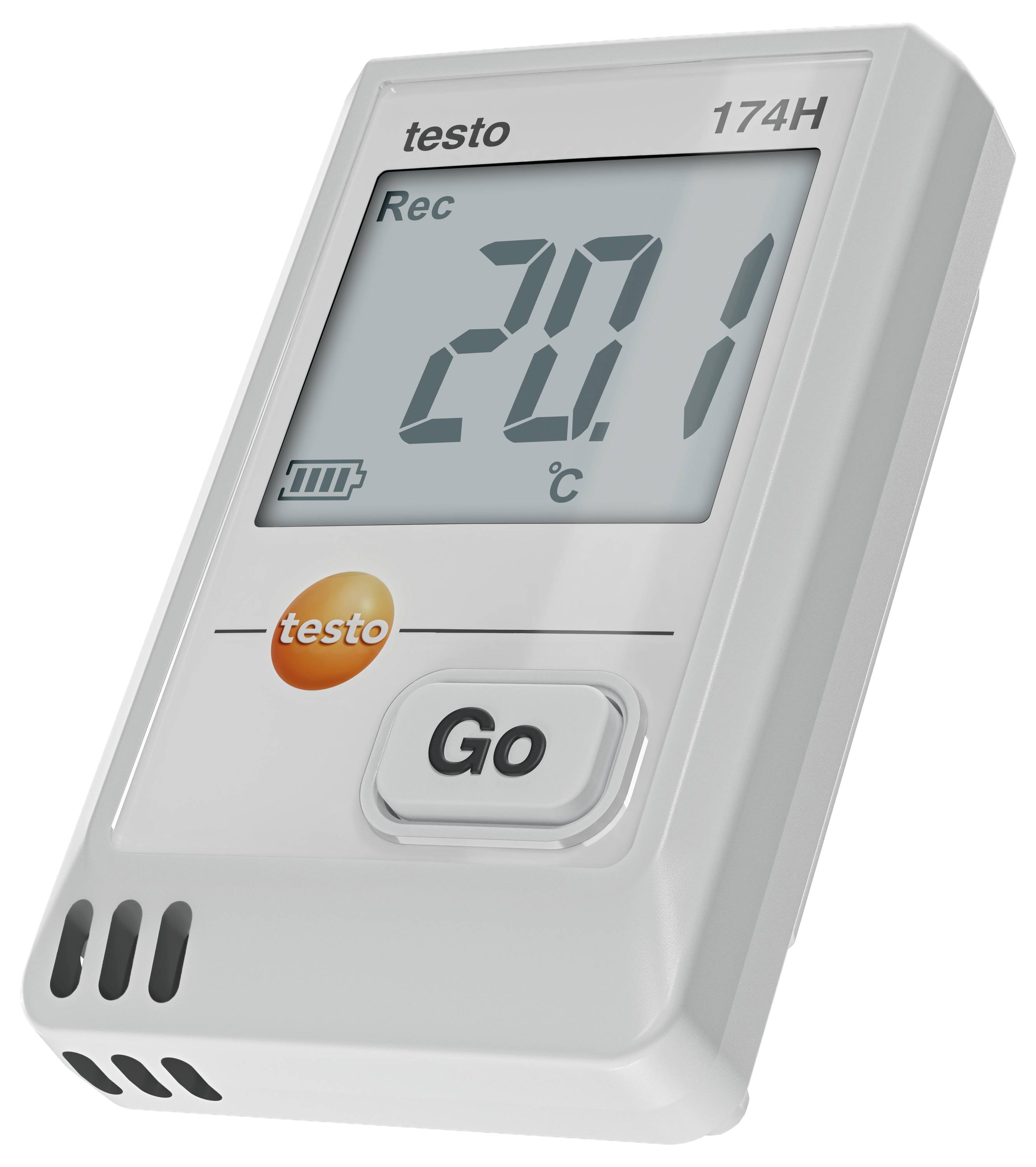 Obdélníkový digitální teploměr zobrazující '20,1 °C', s oranžovým logem 'testo' a tlačítkem označeným 'Go'.