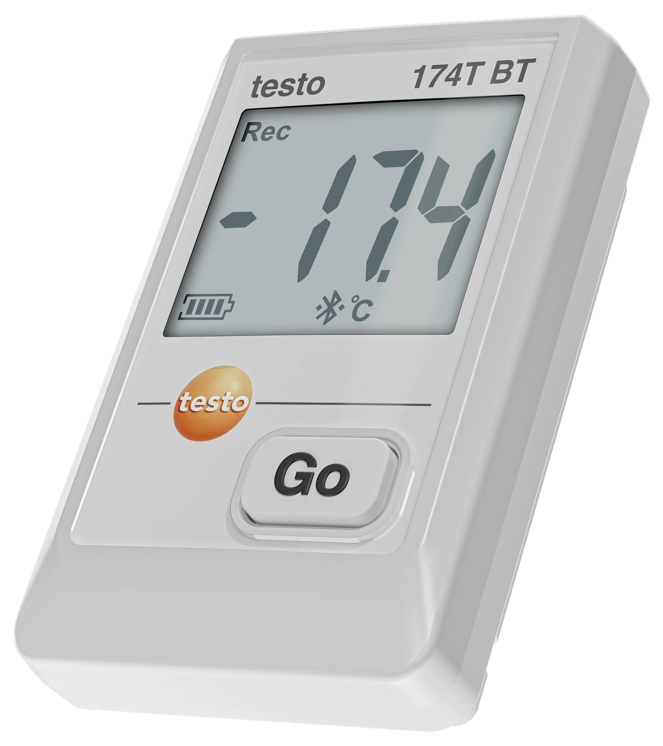 Digitální teploměr zobrazující teplotu '-17,4 °C'. Má tlačítko 'Go' a je na něm viditelná ikona baterie.