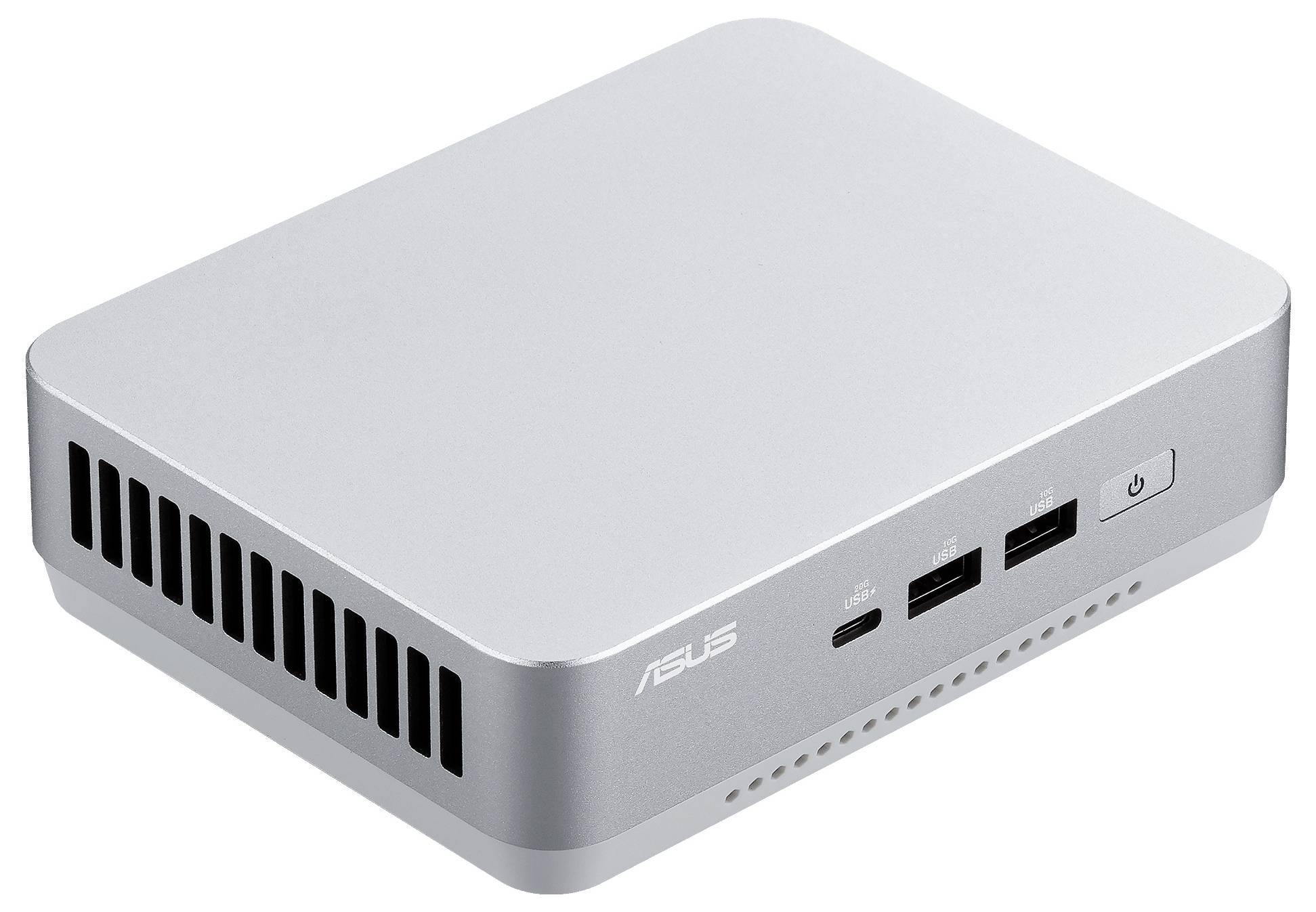 Kompaktní stříbrný počítačový kryt značky ASUS s několika USB porty a tlačítkem napájení na přední straně, navržený pro efektivní výpočetní techniku v malém prostoru.