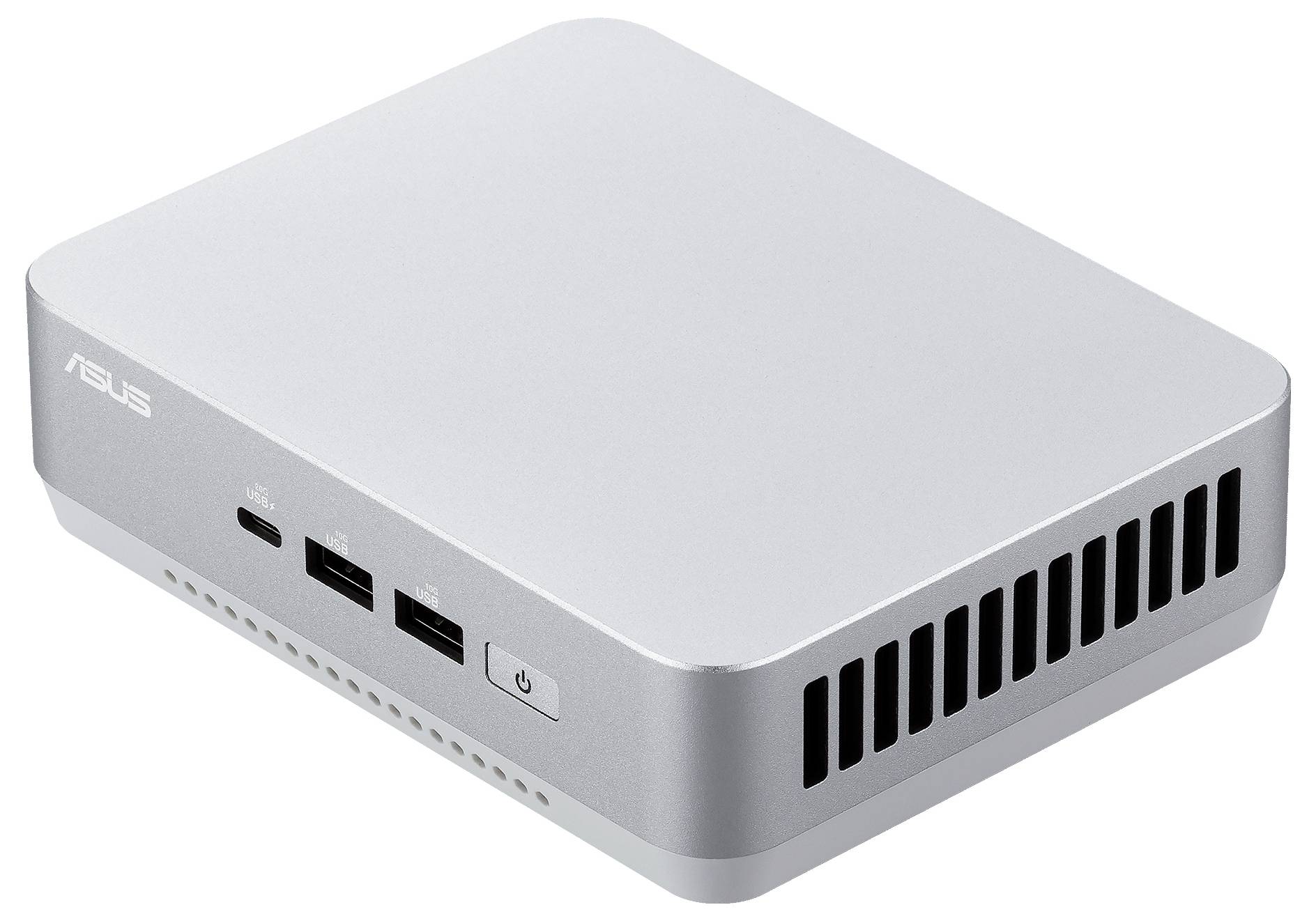 Stříbrný mini počítač ASUS s větrací mřížkou, dvěma USB porty, jedním HDMI portem a vypínačem na přední straně přístroje.