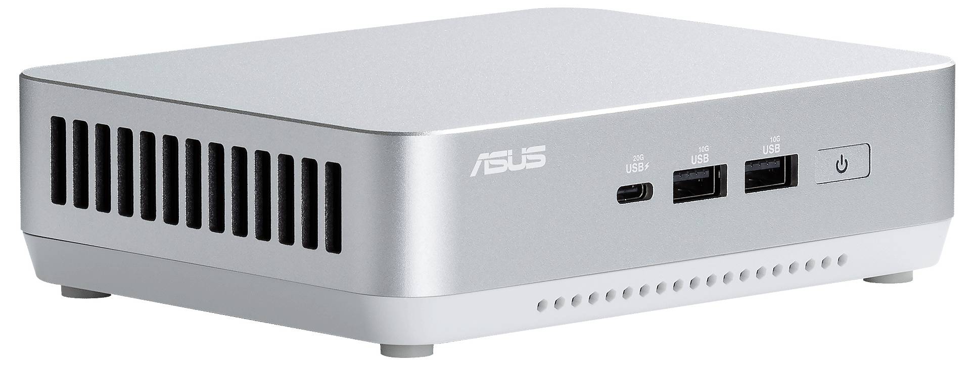 Obdélníkový stříbrný mini počítač ASUS se dvěma USB porty, portem USB-C a vypínačem vpředu.