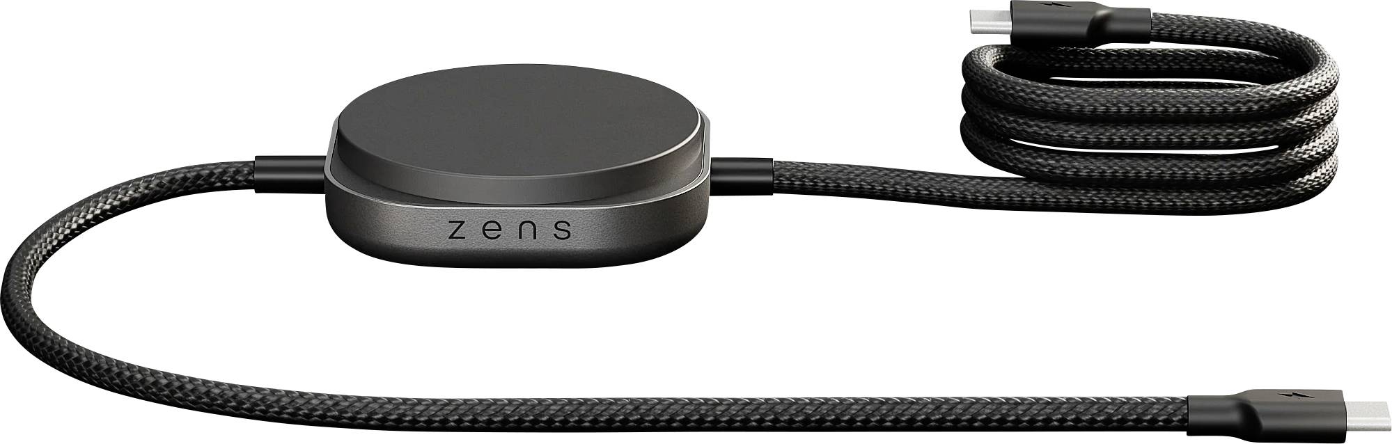 Elegantní černá bezdrátová nabíječka s oplétaným kabelem a USB-C konektorem, značky 'zens', vhodná pro nabíjení kompatibilních zařízení.