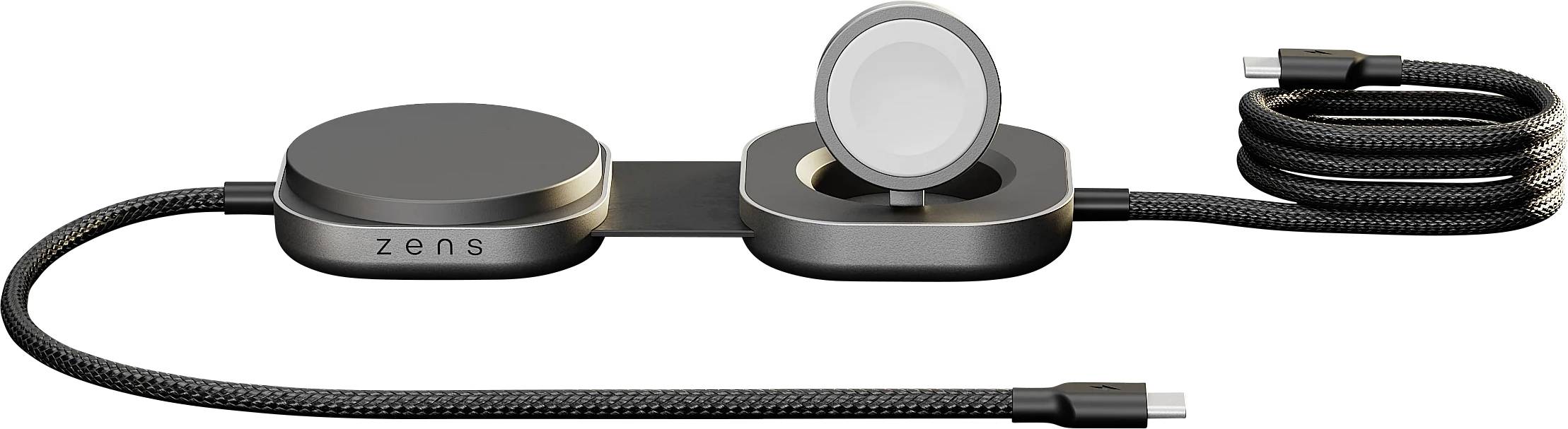 Nabíjecí stanice 'Zens' s duálním bezdrátovým nabíjením v elegantním černém designu, vybavená magnetickými držáky pro zařízení a připojeným kabelem USB-C.