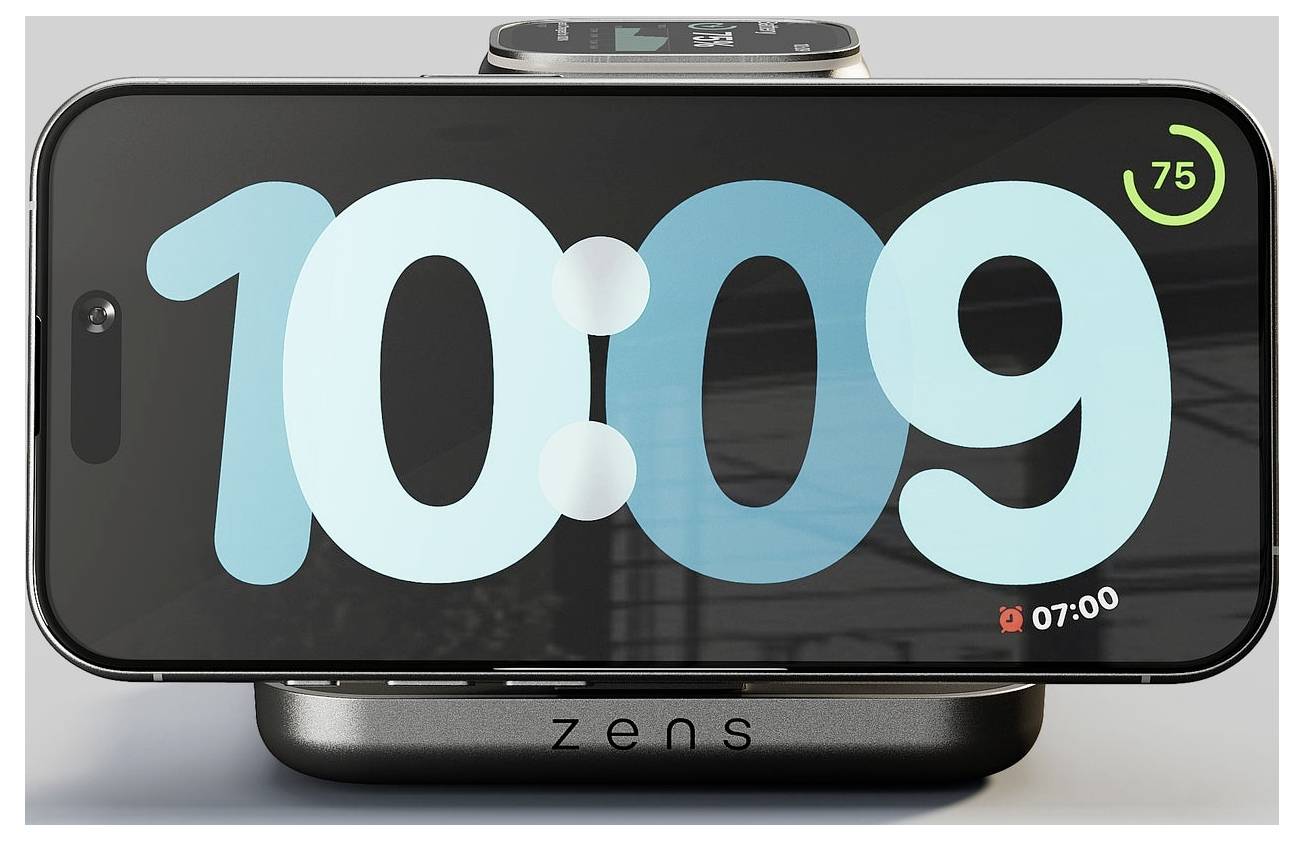 Chytrý telefon na bezdrátovém nabíjecím stojanu zobrazuje čas 10:09, baterii na 75 % a budík nastavený na 07:00.