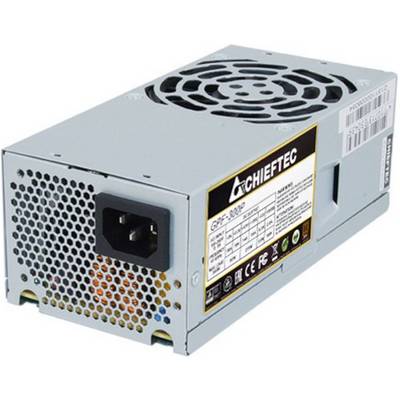Stříbrná počítačová napájecí jednotka značky Chieftec s ventilační mřížkou ventilátoru, vypínačem a konektorovým portem. Modelové číslo GPF-250P.