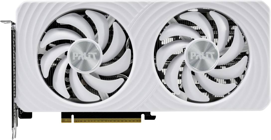 Bílá grafická karta s dvojitými chladicími ventilátory a konektorem PCIe na hraně, označená logem značky uprostřed každého ventilátoru.