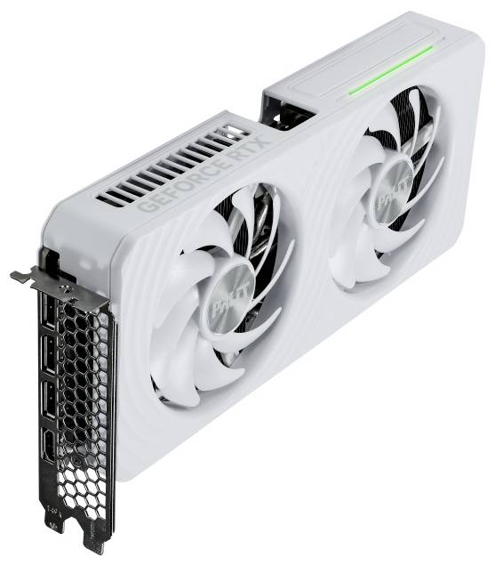 Bílá grafická karta se dvěma chladicími ventilátory, označená 'GeForce RTX', s několika výstupními porty a mřížkou větrání ve tvaru včelího plástu.