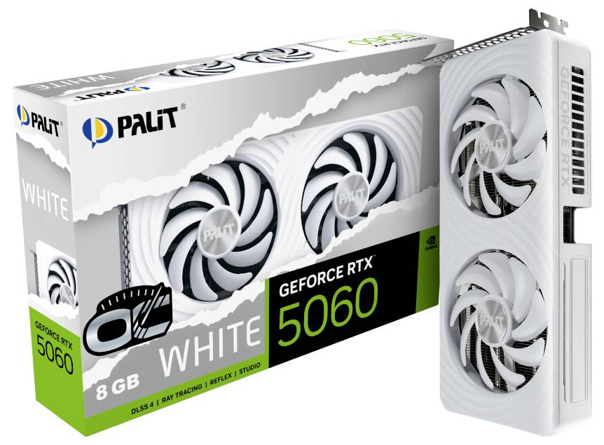 Grafická karta Palit GeForce RTX 5060 s balením, vybavená duálními ventilátory a bílým designem, s 8GB pamětí, podporou DLSS 3 a ray tracingem.