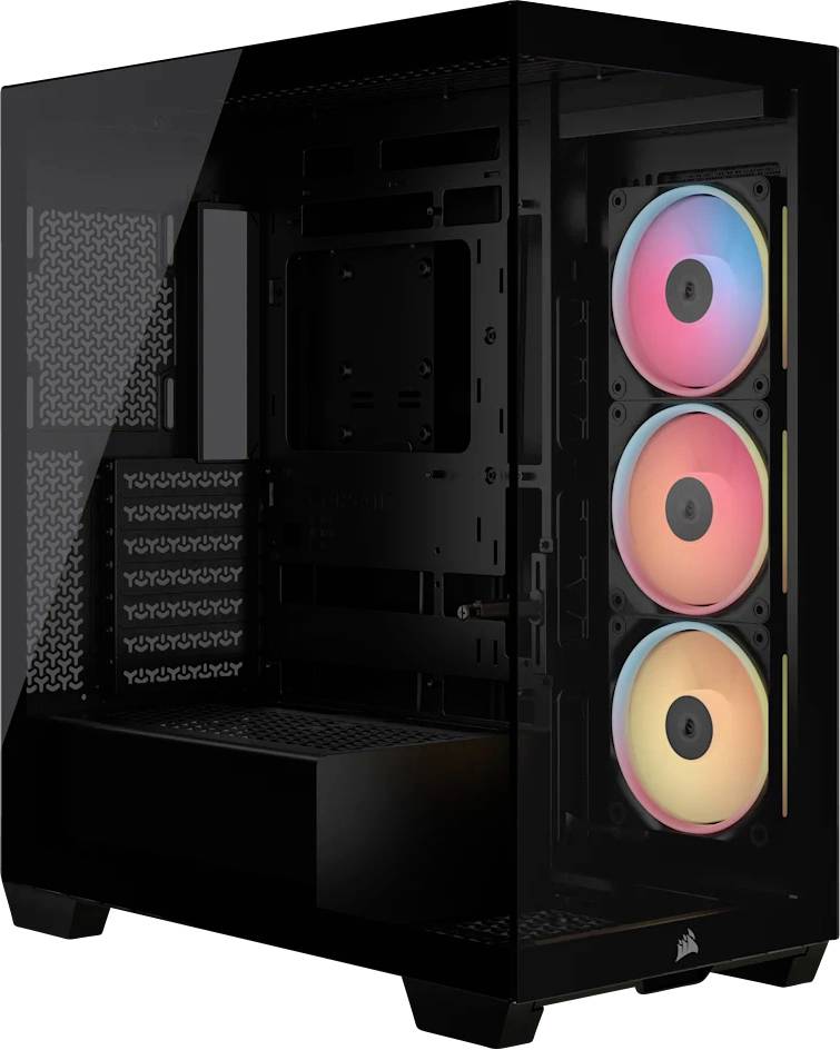 Černý počítačový case s průhledným bočním panelem, který odhaluje tři vertikálně uspořádané RGB ventilátory vpředu.