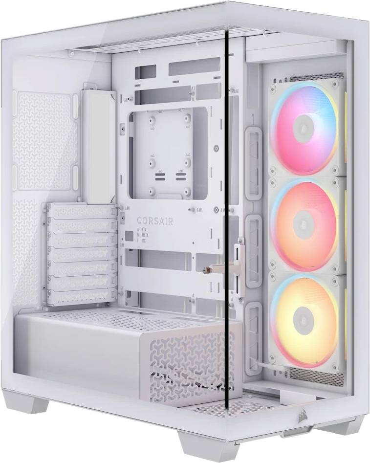 Bílý počítačový case se skleněným bočním panelem, ukazující interiér s RGB ventilátory vpředu. Viditelné jsou sloty pro komponenty.