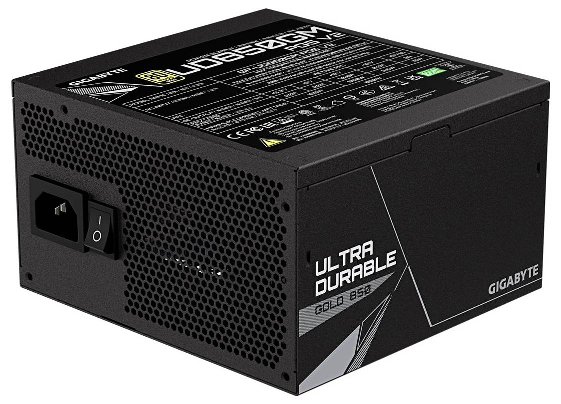 Černá napájecí jednotka Gigabyte Ultra Durable Gold 850 s viditelnými specifikacemi a síťovým vypínačem je zobrazena.