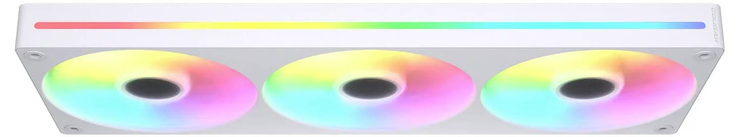 Bílé obdélníkové LED nastavení ventilátoru se třemi kruhovými RGB ventilátory, zobrazující spektrum barev od červené přes zelenou až po modrou.
