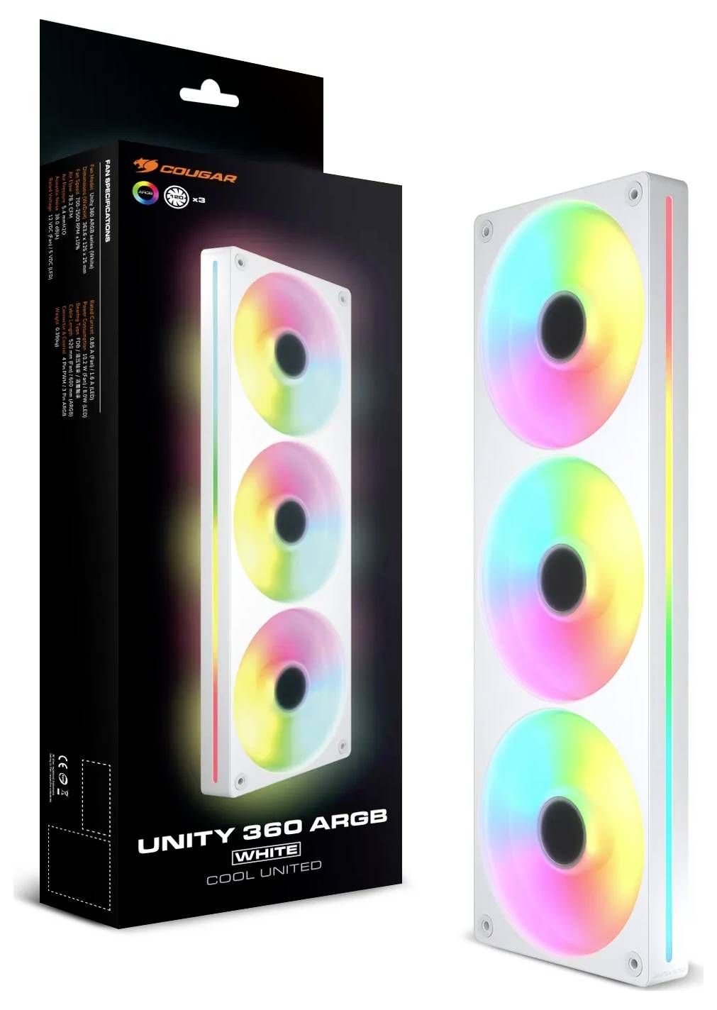 Sada RGB chladicích ventilátorů, 'Unity 360 ARGB White' od společnosti Cougar, obsahuje tři barevné LED ventilátory s bočním osvětlením, zobrazené s jeho obalovým boxem.