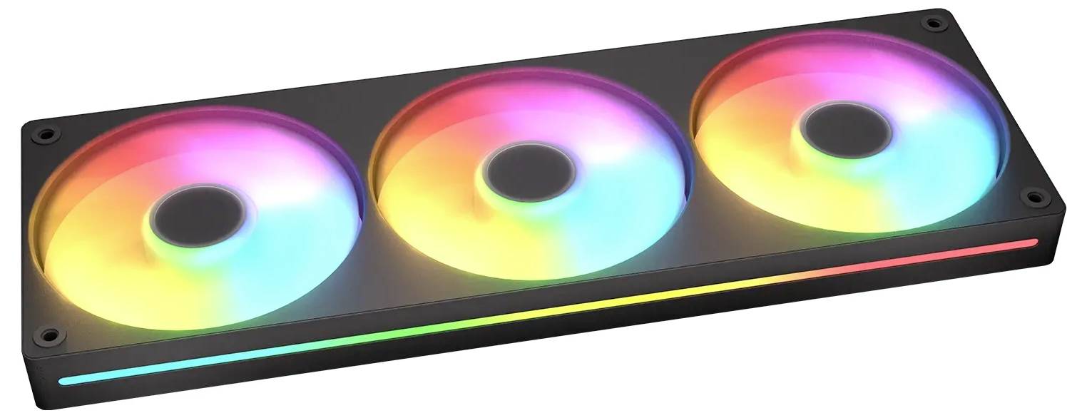 Pravoúhlý počítačový chladicí ventilátor se třemi velkými barevnými RGB LED prstenci, běžně používaný pro vylepšení estetiky a chlazení počítače.