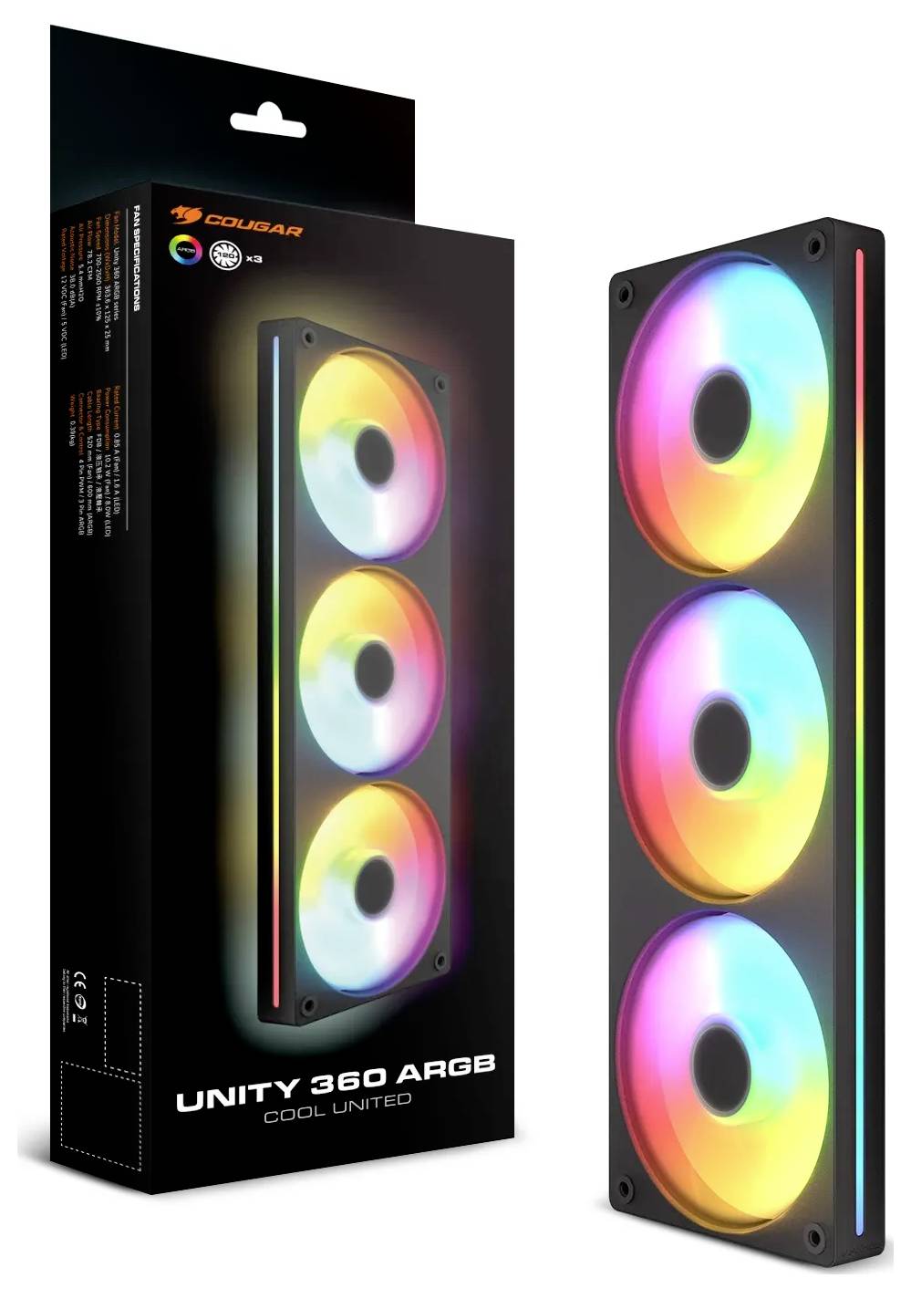 Krabice a počítačový chladicí ventilátor se třemi kruhovými, barevnými RGB světly. Na krabici je napsáno 'Cougar Unity 360 ARGB Cool United'.