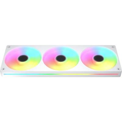 Počítačový chladicí systém ventilátorů se třemi kruhovými ventilátory zobrazujícími barevné RGB osvětlení, namontovanými na bílém rámu.