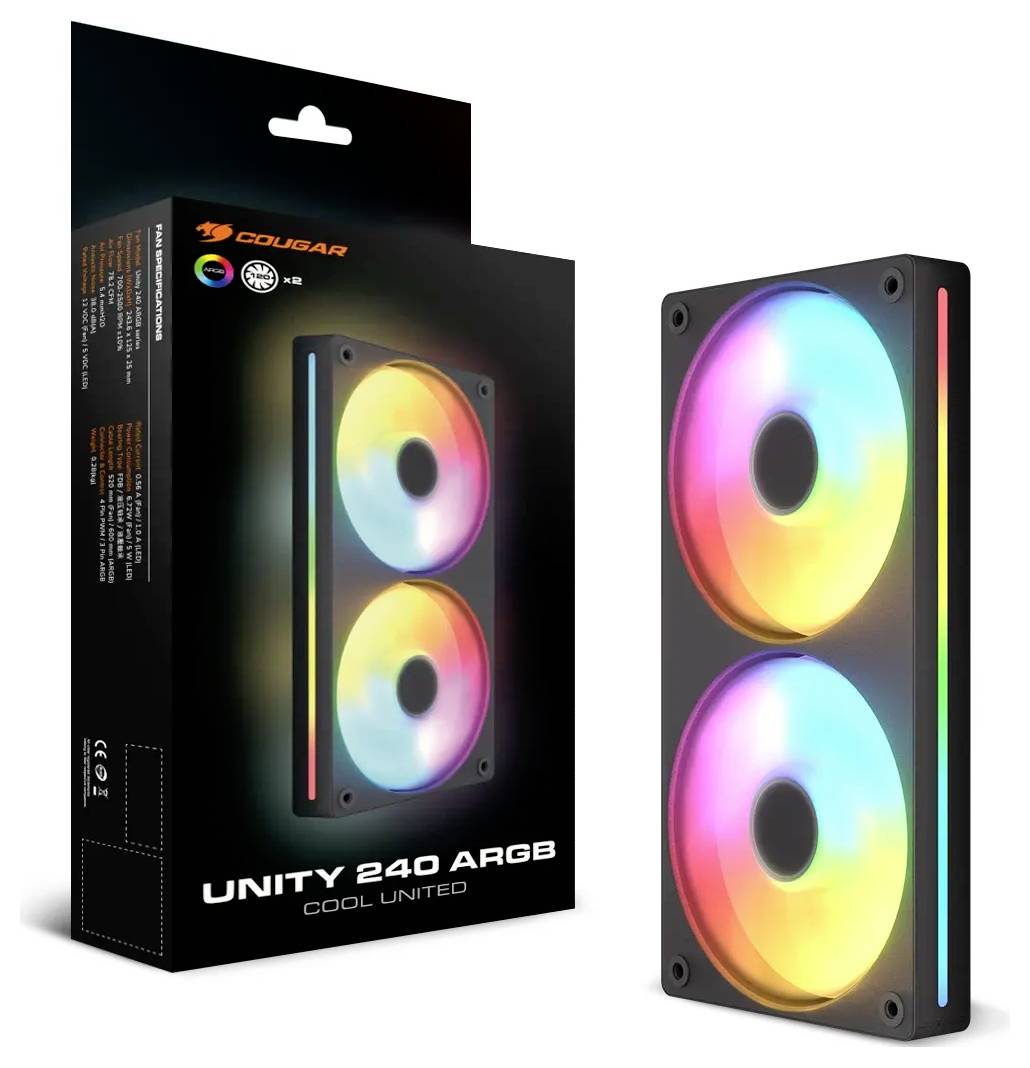 Sada chladícího ventilátoru 240mm ARGB, která se skládá ze dvou kruhových ventilátorů osvětlených duhovými LED světly, umístěná vedle svého obalu.