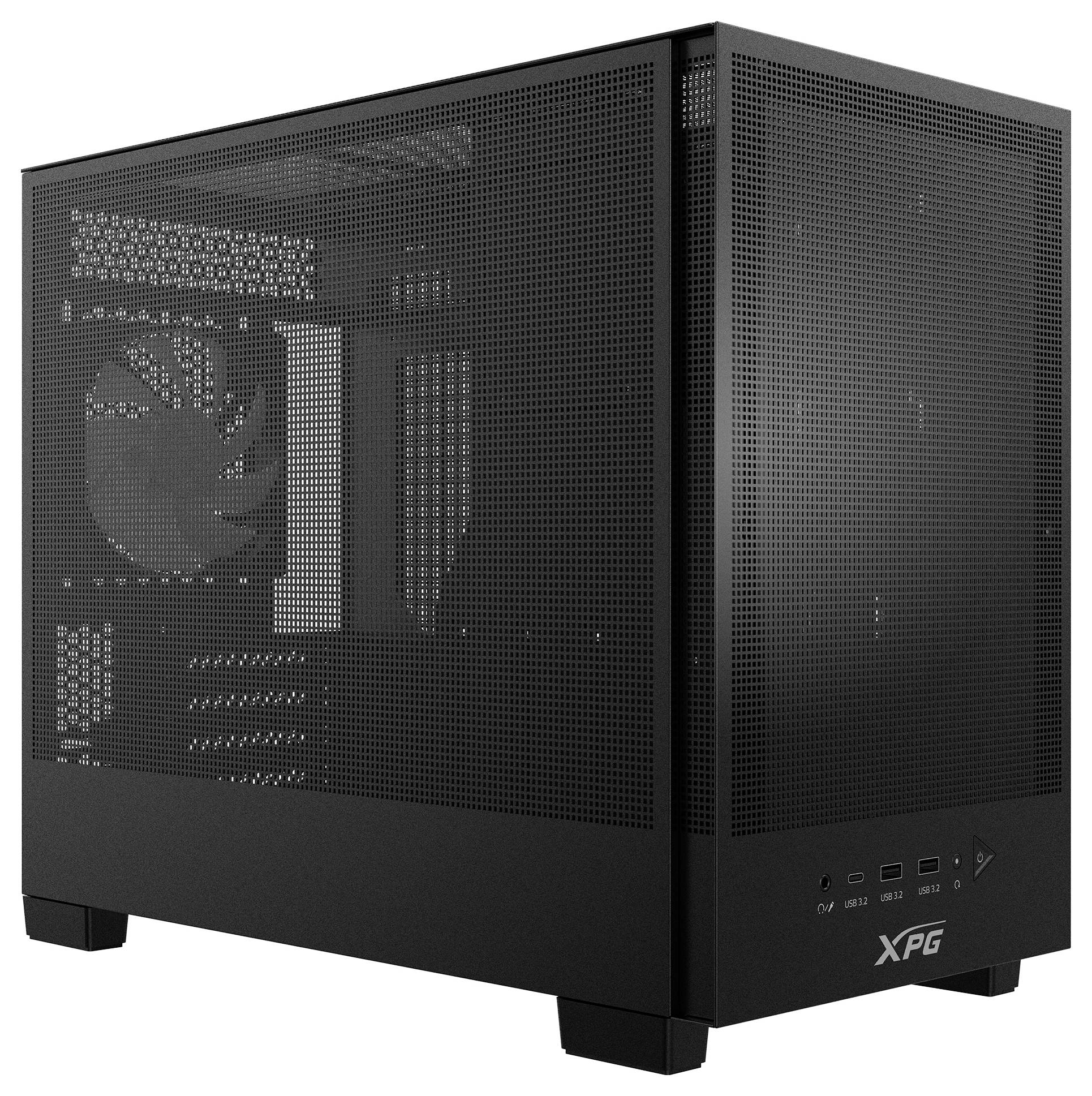 Černý počítačový box XPG s mesh panely, vybavený několika ventilátory a předními porty.