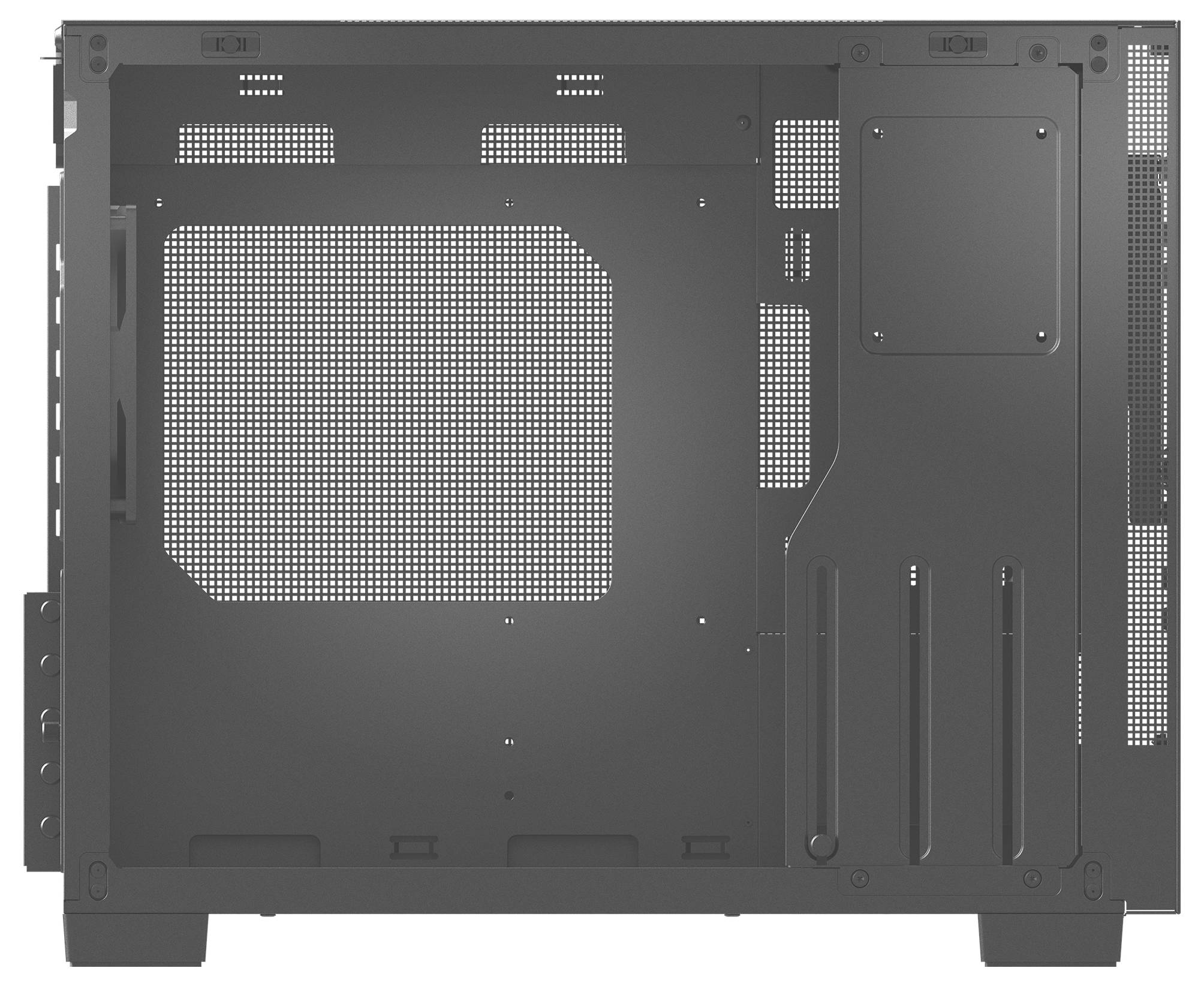 Šedý boční panel počítačové skříně s větracími otvory a několika sloty pro komponenty, který zobrazuje vnitřní rozvržení pro instalaci hardwaru.