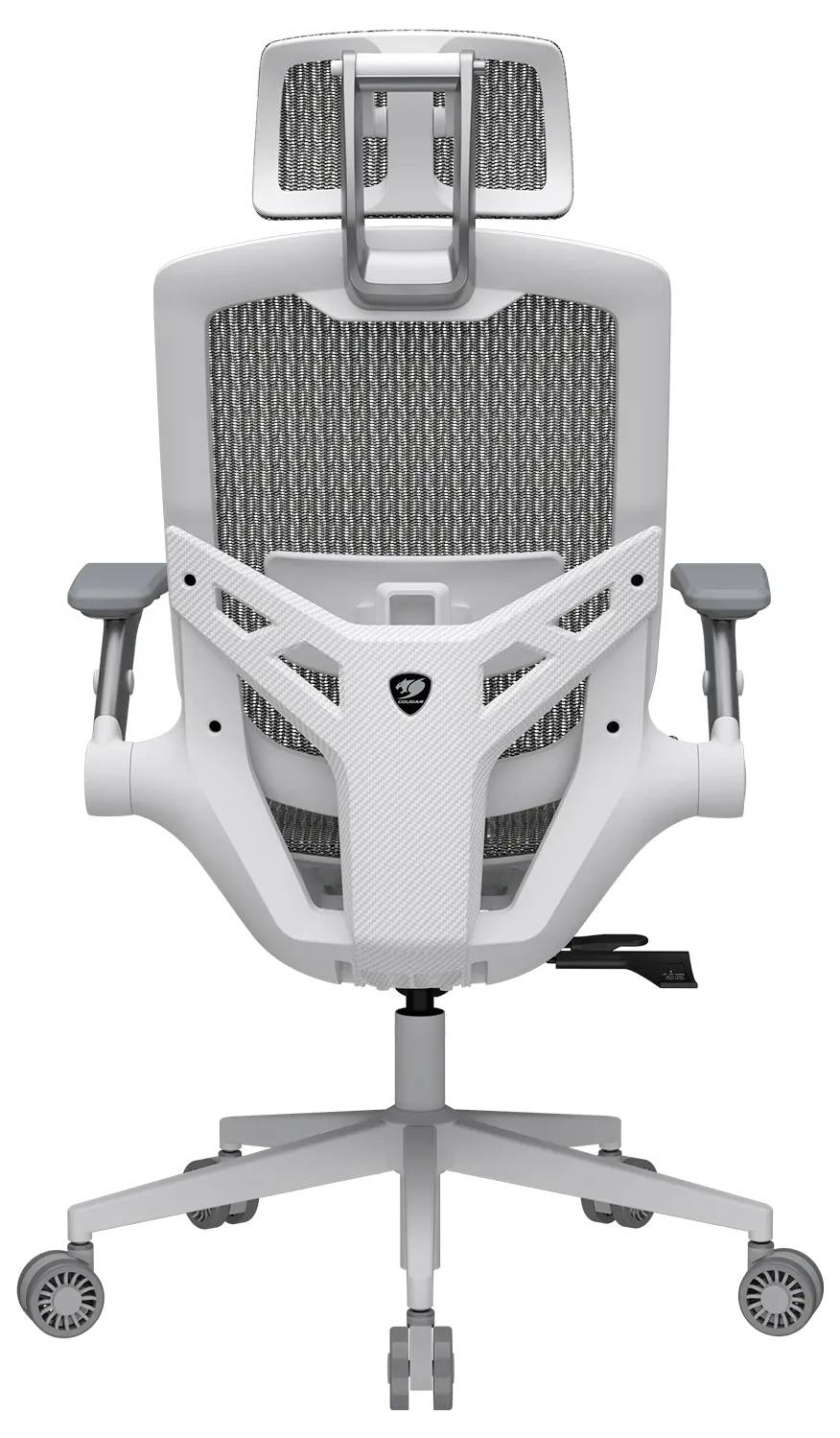 Ergonomická kancelářská židle v bílé barvě se síťovaným opěradlem, nastavitelnými područkami a hlavovou opěrkou, stojící na pětiramenné základně pro snadnou mobilitu.