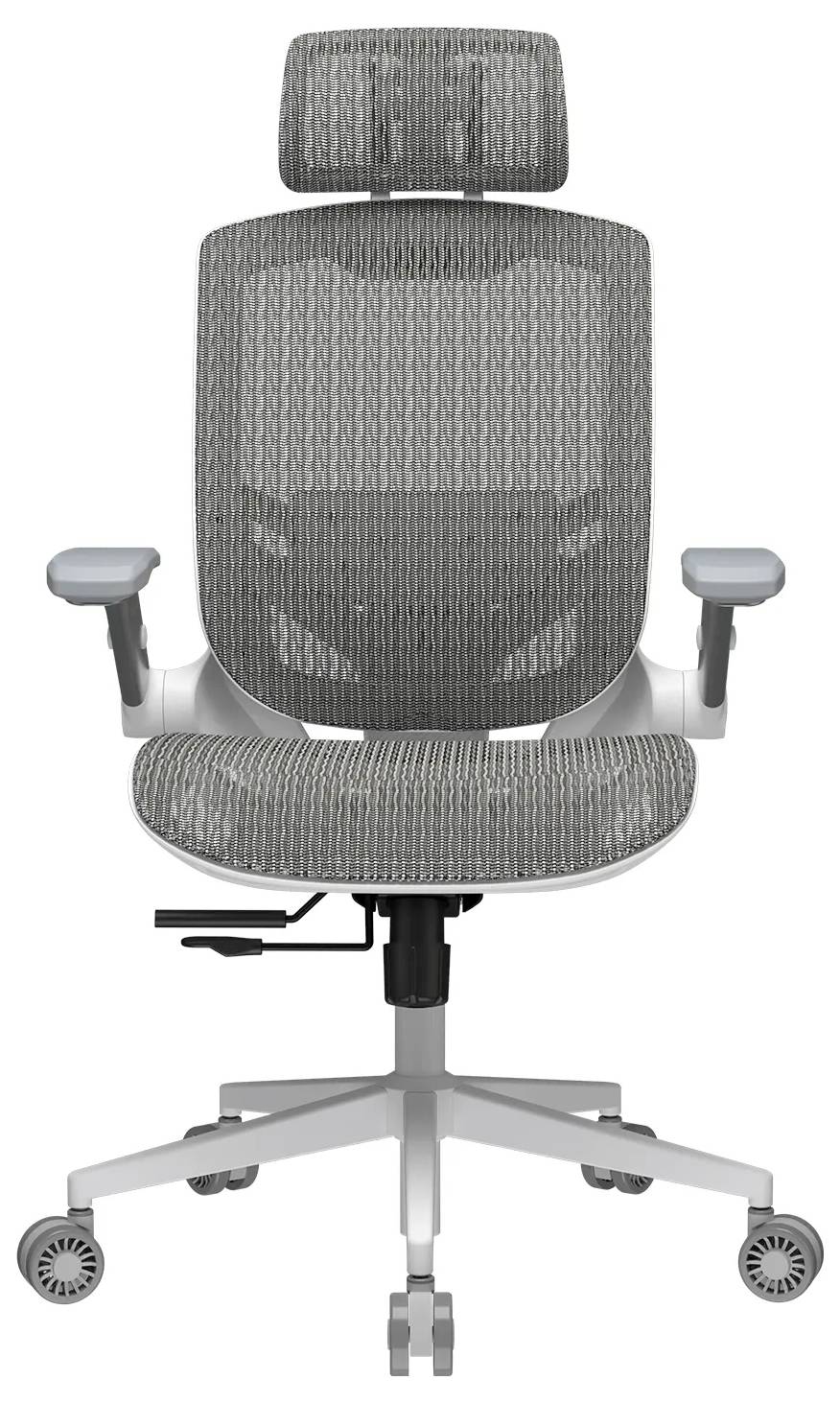Ergonomická kancelářská židle s síťovaným opěradlem, nastavitelnými područkami, opěrkou hlavy a otočnou základnou s kolečky, navržená pro maximální pohodlí.