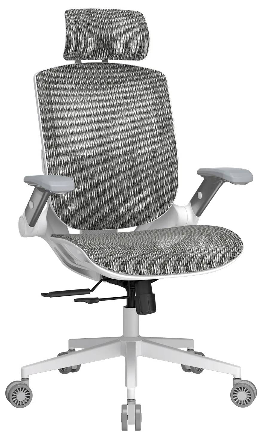 Šedá ergonomická kancelářská židle se síťovaným opěradlem, nastavitelnými područkami a opěrkou hlavy na kolečkové podstavě, navržená pro pohodlí a oporu.