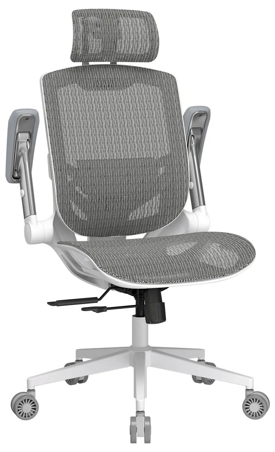 Moderní ergonomická kancelářská židle v šedé barvě s síťovanou látkou, nastavitelnými područkami, opěrkou hlavy a kolečkovou základnou.