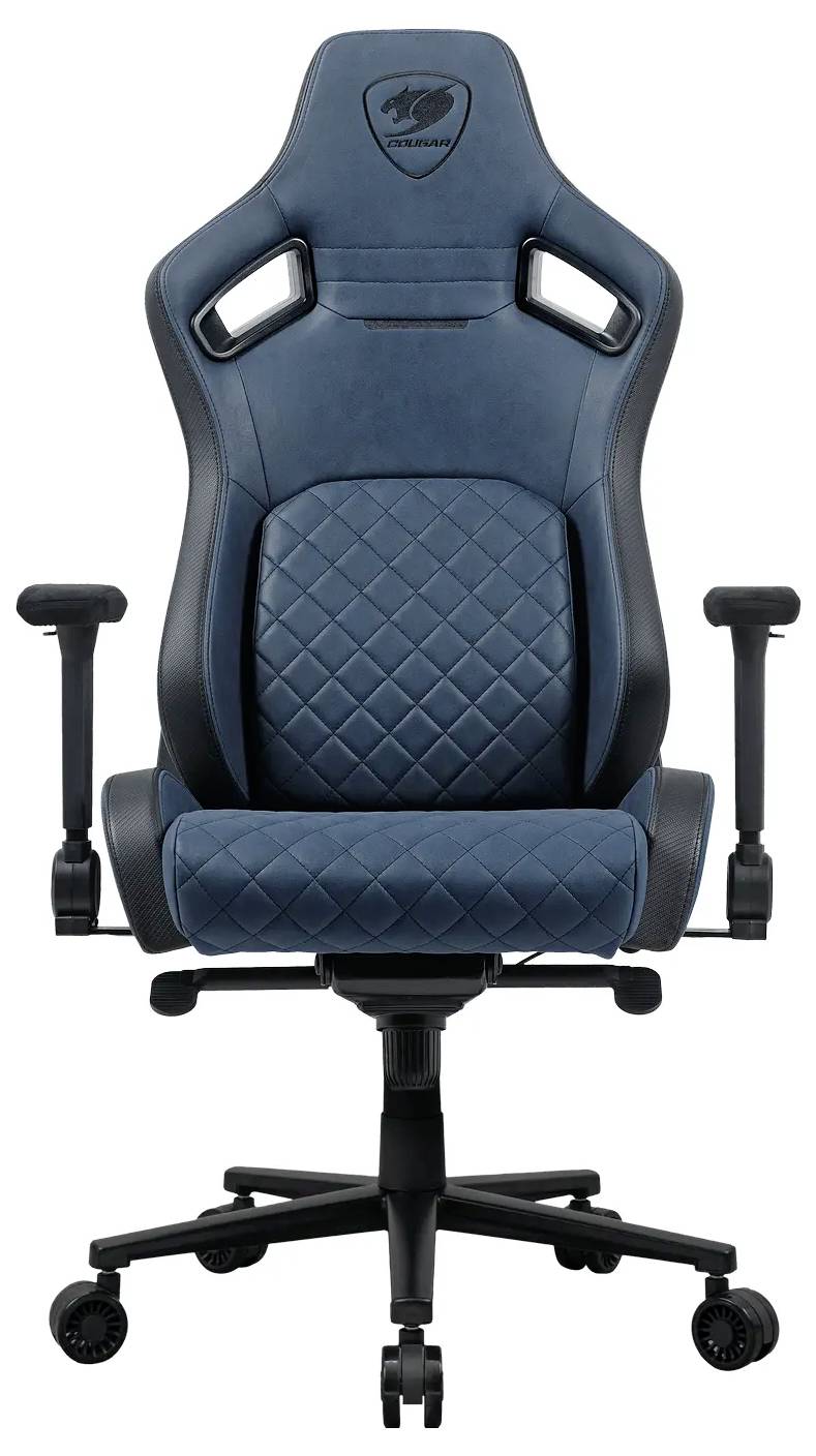Modro-černá ergonomická herní židle s nastavitelnými opěrkami rukou, vysokým opěradlem a prošívaným sedákem. Židle má základnu s pěti kolečky.