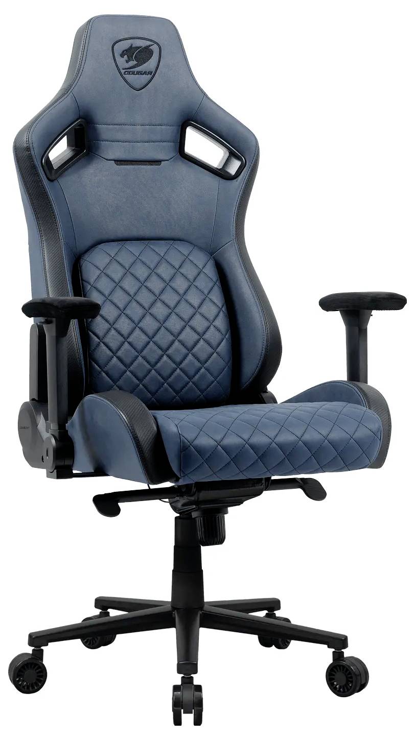 Modrá ergonomická herní židle s prošívaným sedákem, nastavitelnými opěrkami rukou a pětibodovou základnou pro flexibilní pohyb a pohodlí.