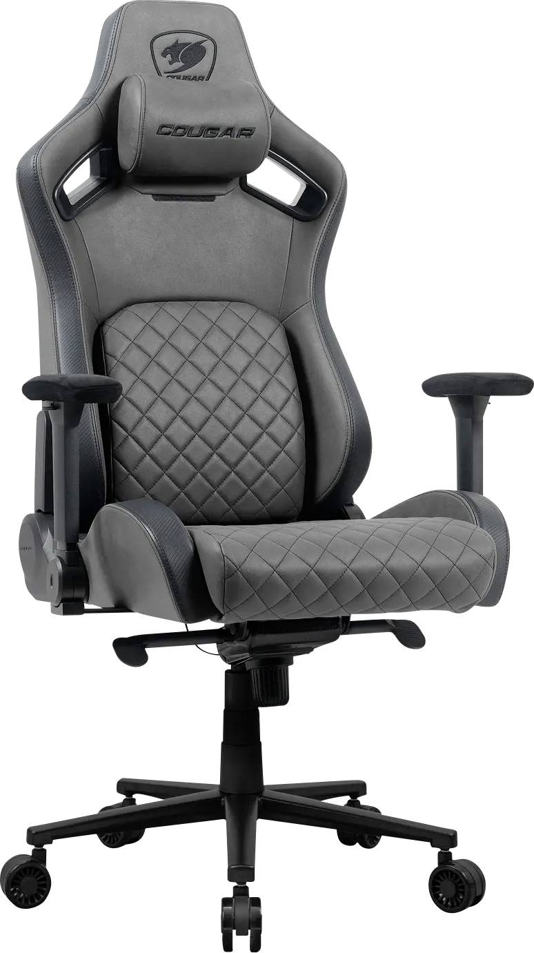 Černošedá ergonomická herní židle s čalounením ve tvaru diamantů, nastavitelnými opěrkami rukou a pětibodovou základnou pro snadnou pohyblivost.