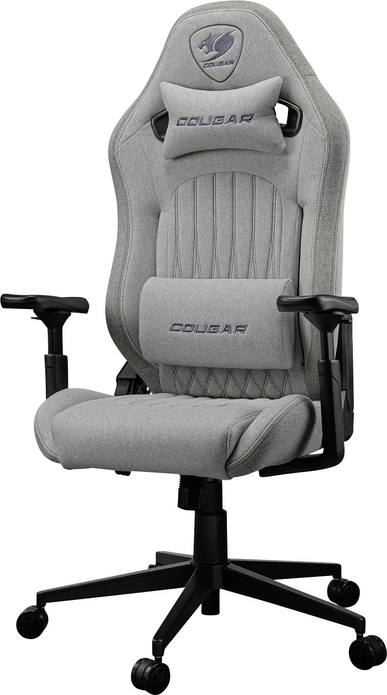Šedá ergonomická herní židle s nastavitelnými opěrkami rukou, vysokým opěradlem a bederní opěrkou, navržená pro pohodlí při dlouhodobém používání.