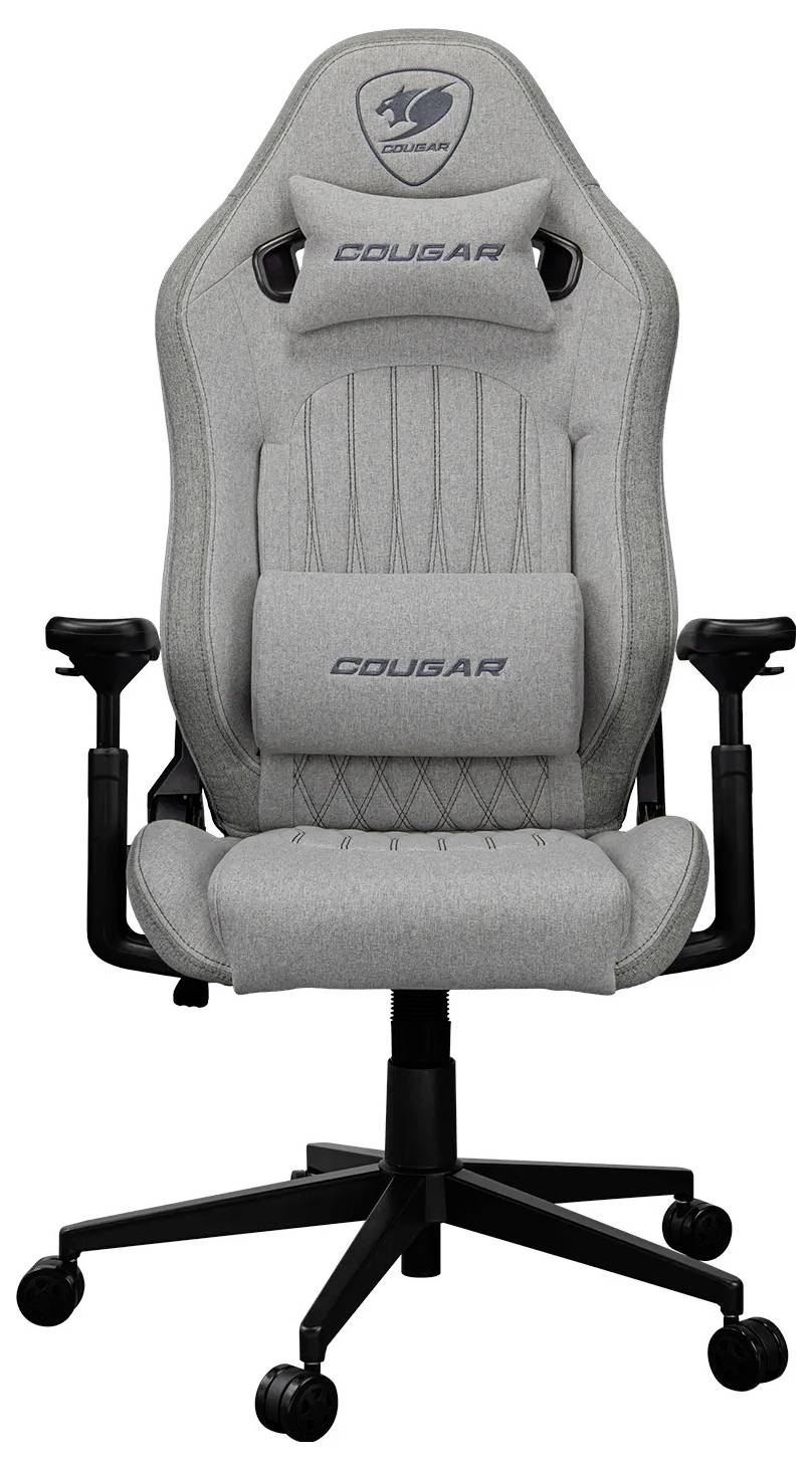 Šedá ergonomická herní židle s nastavitelnými opěrkami rukou, bederní opěrkou a vysokým opěradlem umístěná na pětibodové základně.