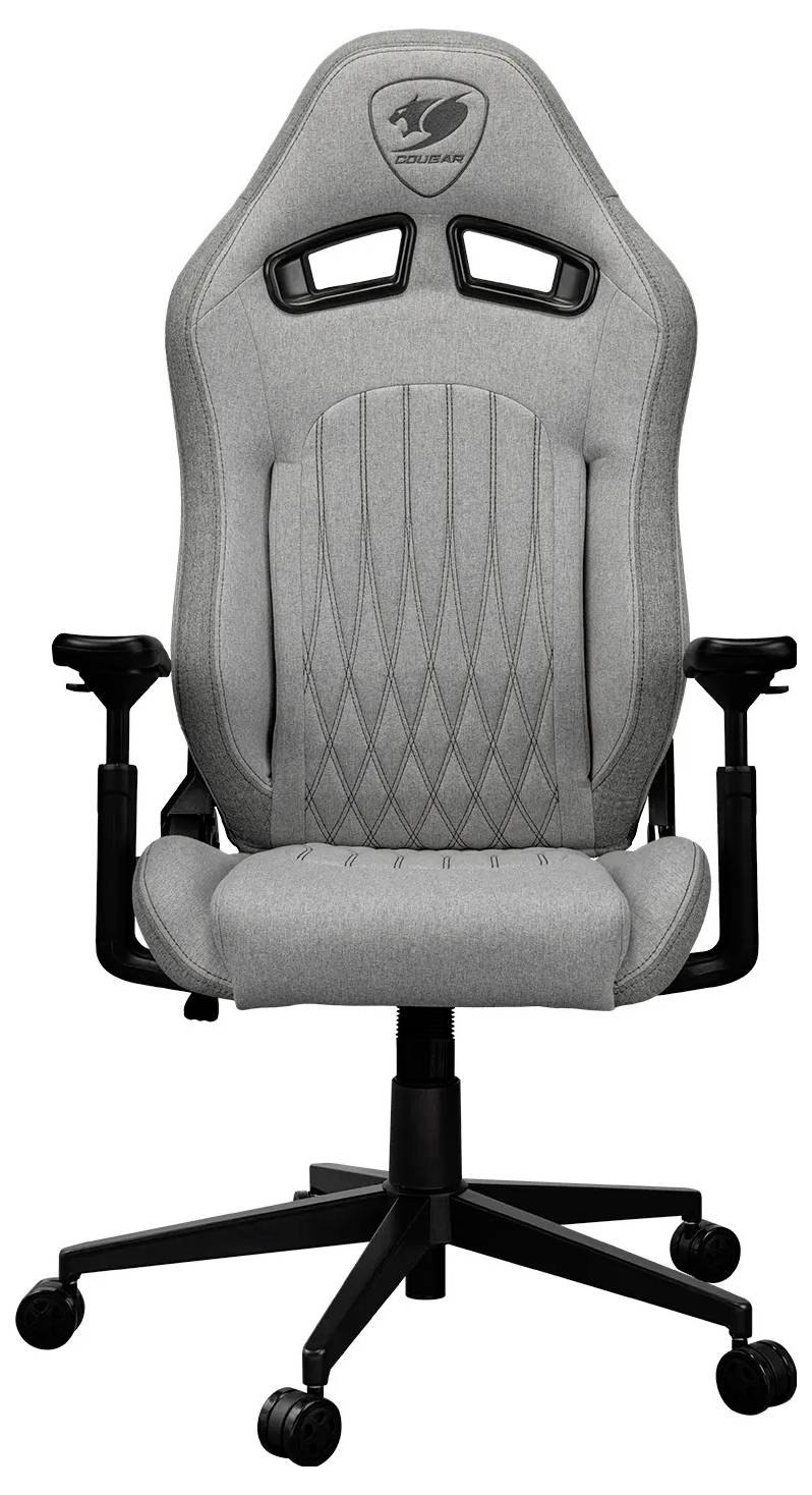 Šedá ergonomická herní židle s nastavitelnými opěrkami rukou, vysokým opěradlem a pěti otočnými kolečky, navržená pro pohodlí a oporu.