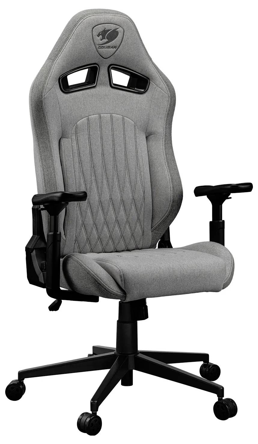 Šedá ergonomická herní židle s vysokým opěradlem, černými područkami a kolečkovou základnou, vhodná pro kancelářské nebo herní prostředí.