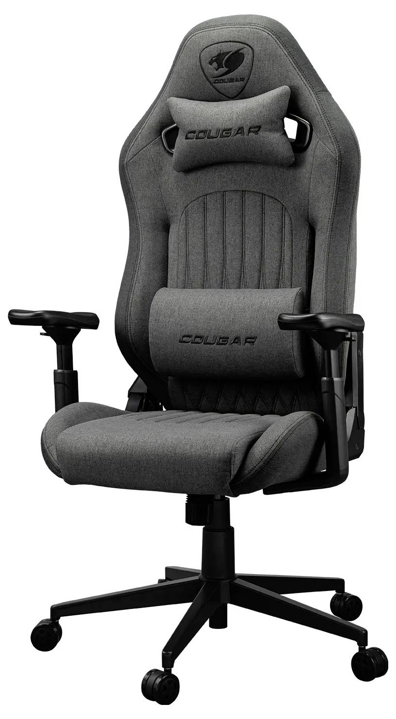 Šedá ergonomická kancelářská židle s nastavitelnými opěrkami rukou a bederní podporou, navržená pro pohodlí, umístěná na černé pětiramenné základně.