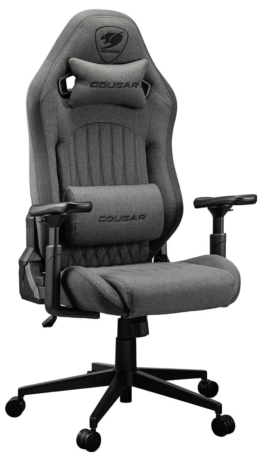 Šedá ergonomická herní židle s nastavitelnými opěrkami rukou, opěrkou hlavy a bederní podporou na otočné základně s kolečky, s logem značky 'COUGAR'.