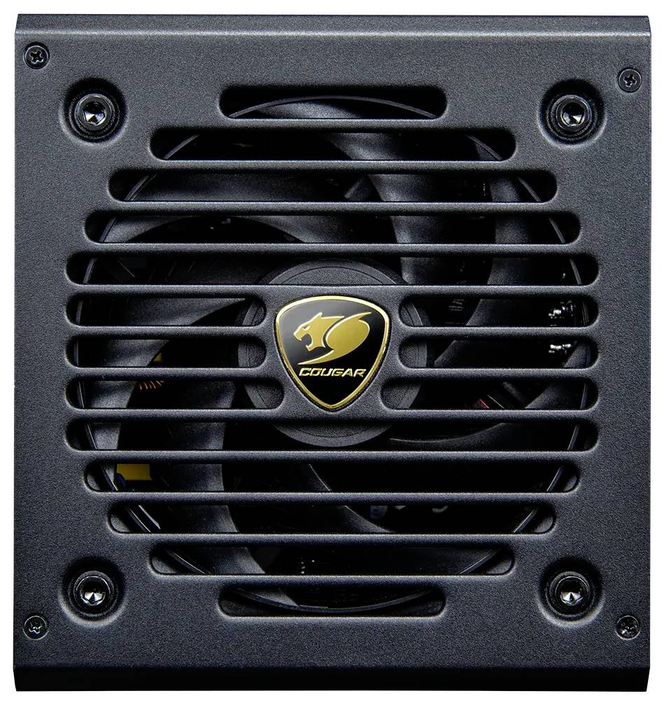 Čtvercová počítačová napájecí jednotka s centrálním chladicím ventilátorem. Mřížka obsahuje logo se zlatým zobrazením kugara a textem.