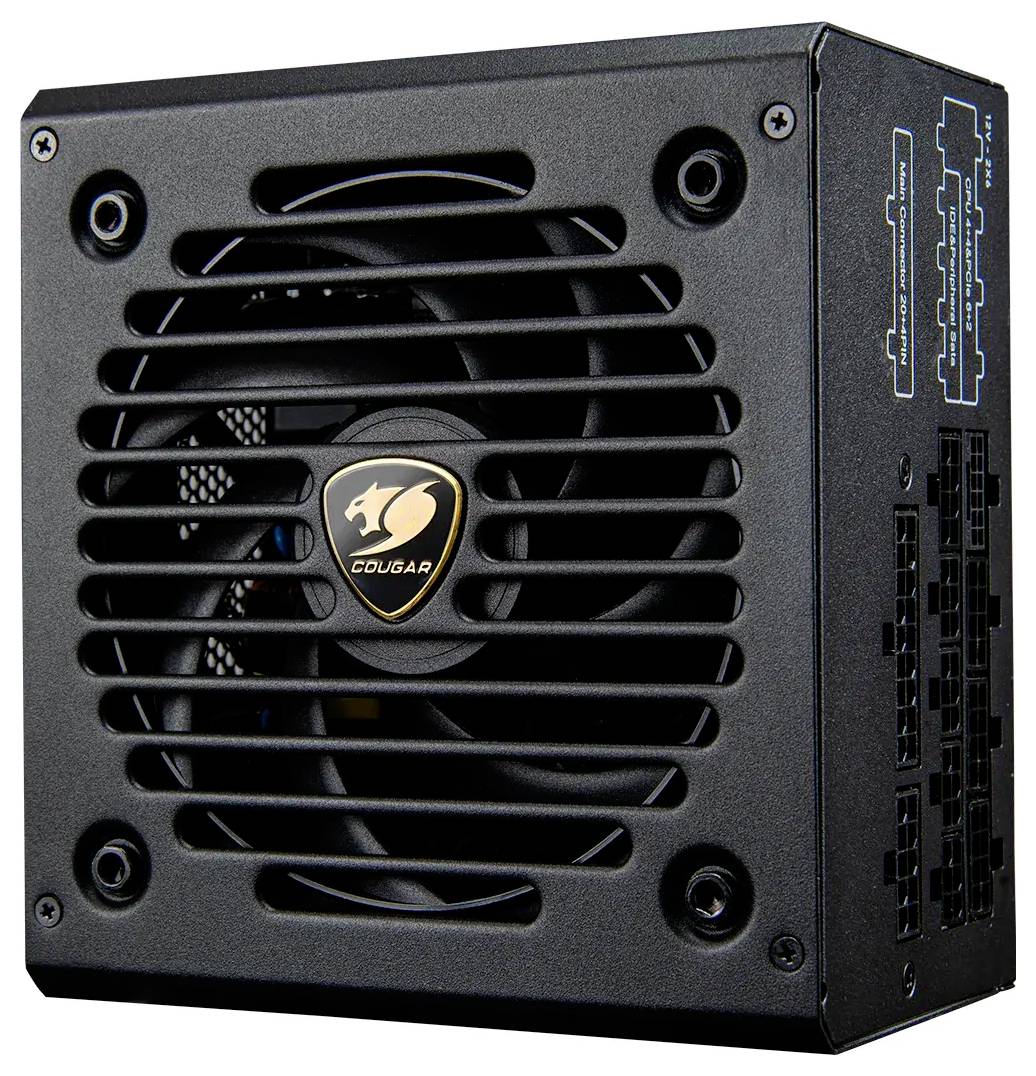 Černá počítačová napájecí jednotka s ventilátorem, která má logo na mřížce a několik konektorů na straně pro různé kabely.